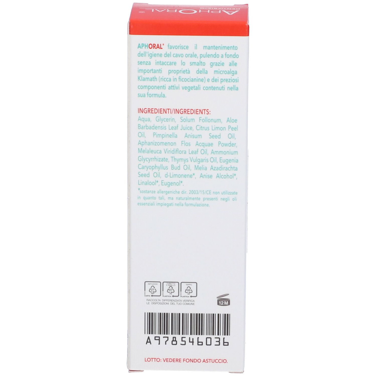 Retro della scatola di dentifricio AphOral. Contiene ingredienti, informazioni del produttore e numero di lotto.
