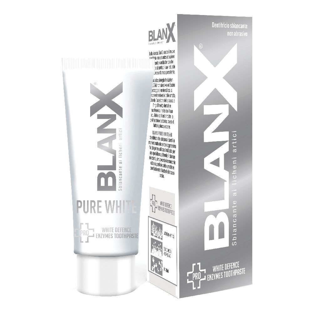 Tubo e scatola di dentifricio. Il tubo mostra "BLANX Pure White". La scatola indica "BLANX" e "Sbiancante al licheni artici".