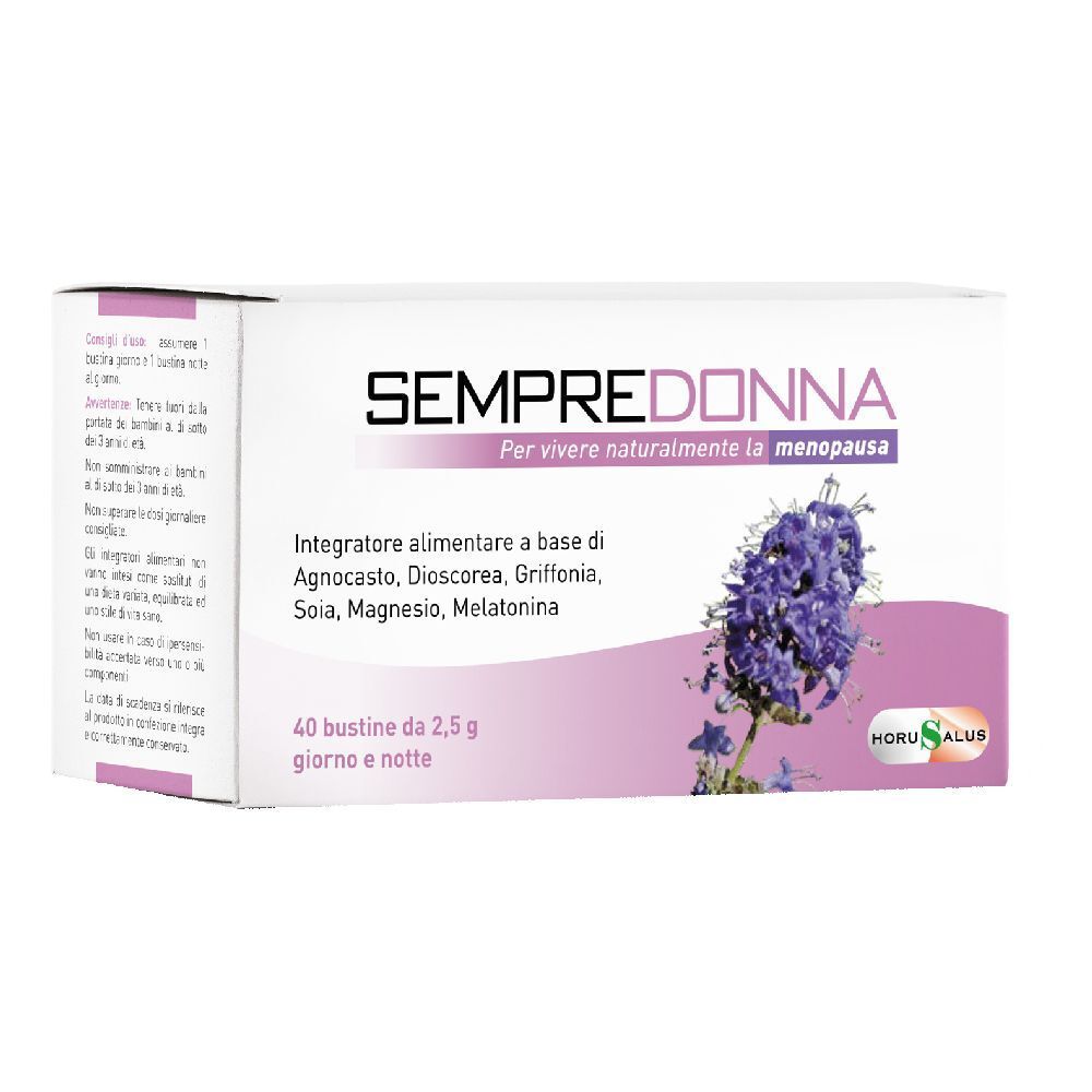 Scatola SEMPREDONNA. Contiene 40 bustine giorno e notte. Ingredienti: Agnocasto, Dioscorea, Griffonia, Soia, Magnesio, Melatonina. Design floreale.