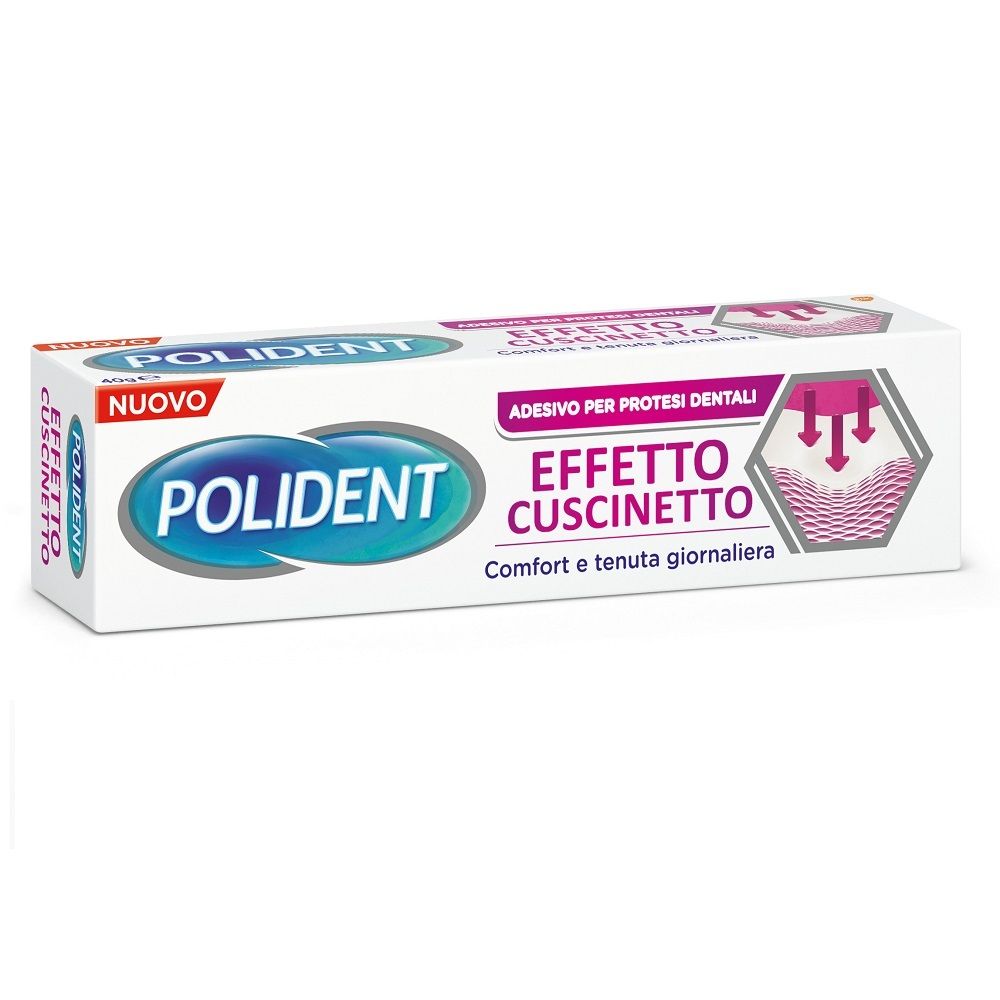 Tubo di adesivo per protesi dentali. Bianco, con testo blu e rosa. Scritta: Polident, Effetto Cuscinetto.