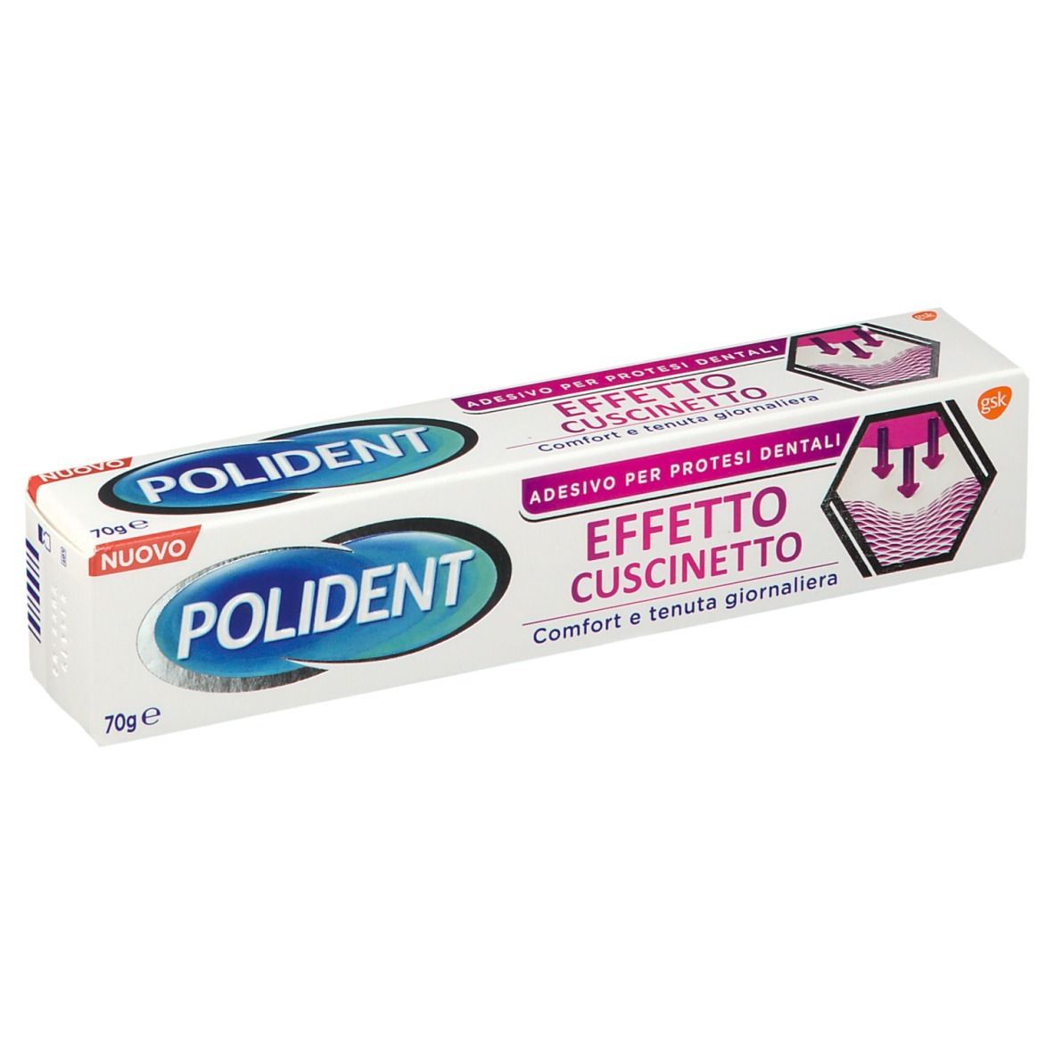 Tubo di adesivo per protesi dentali. Bianco, testo blu e rosa. Scritta: Polident, Effetto Cuscinetto, 70g.