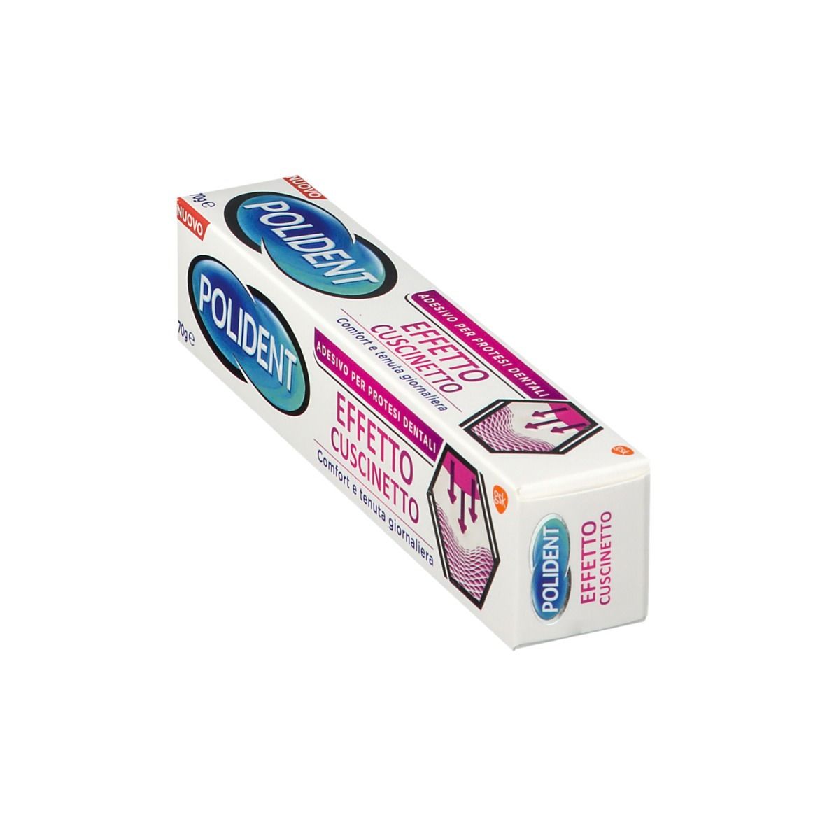 Tubo di adesivo per protesi dentali. Bianco, testo blu e rosa. Scritta: Polident, Effetto Cuscinetto, 70g.