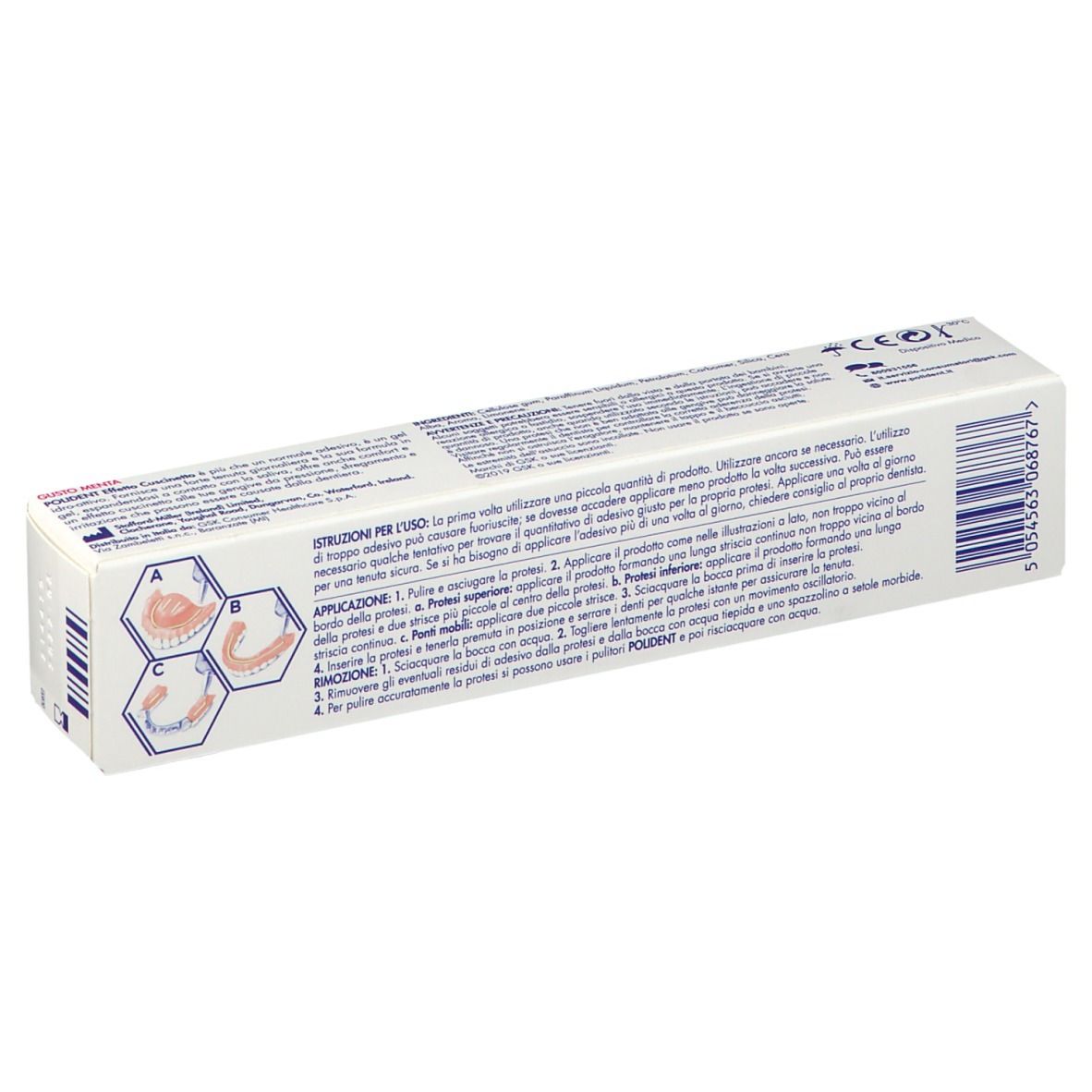 Retro di un tubo di adesivo per protesi dentali. Testo multilingue. Illustrazioni applicazione.