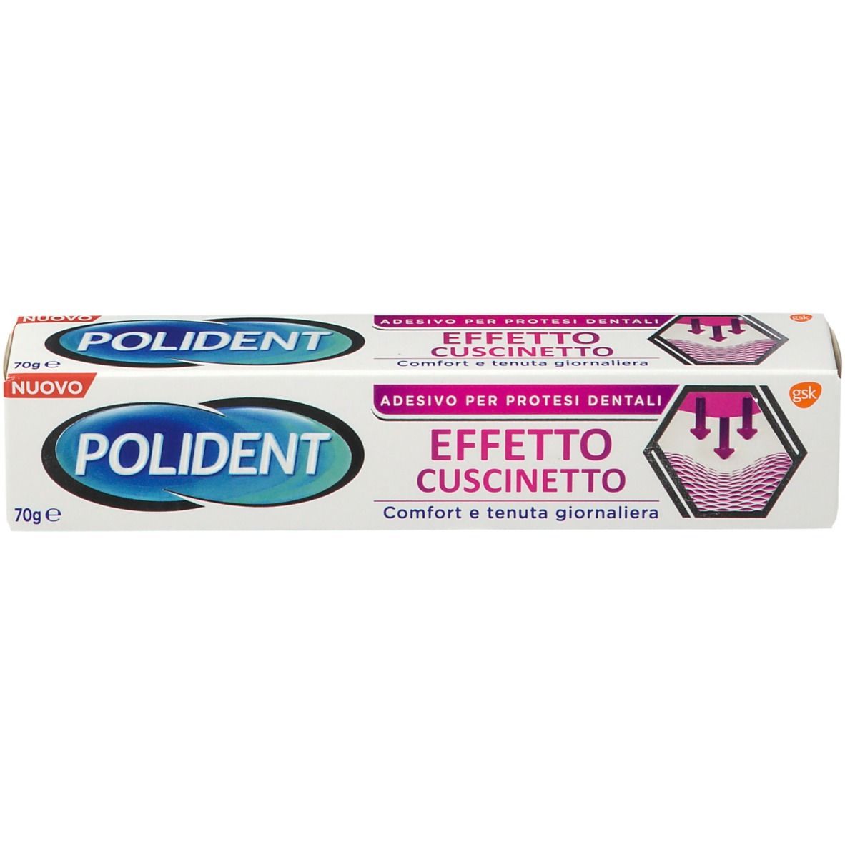 Tubo di adesivo per protesi dentali. Bianco, testo blu e rosa. Scritta: Polident, Effetto Cuscinetto, 70g.