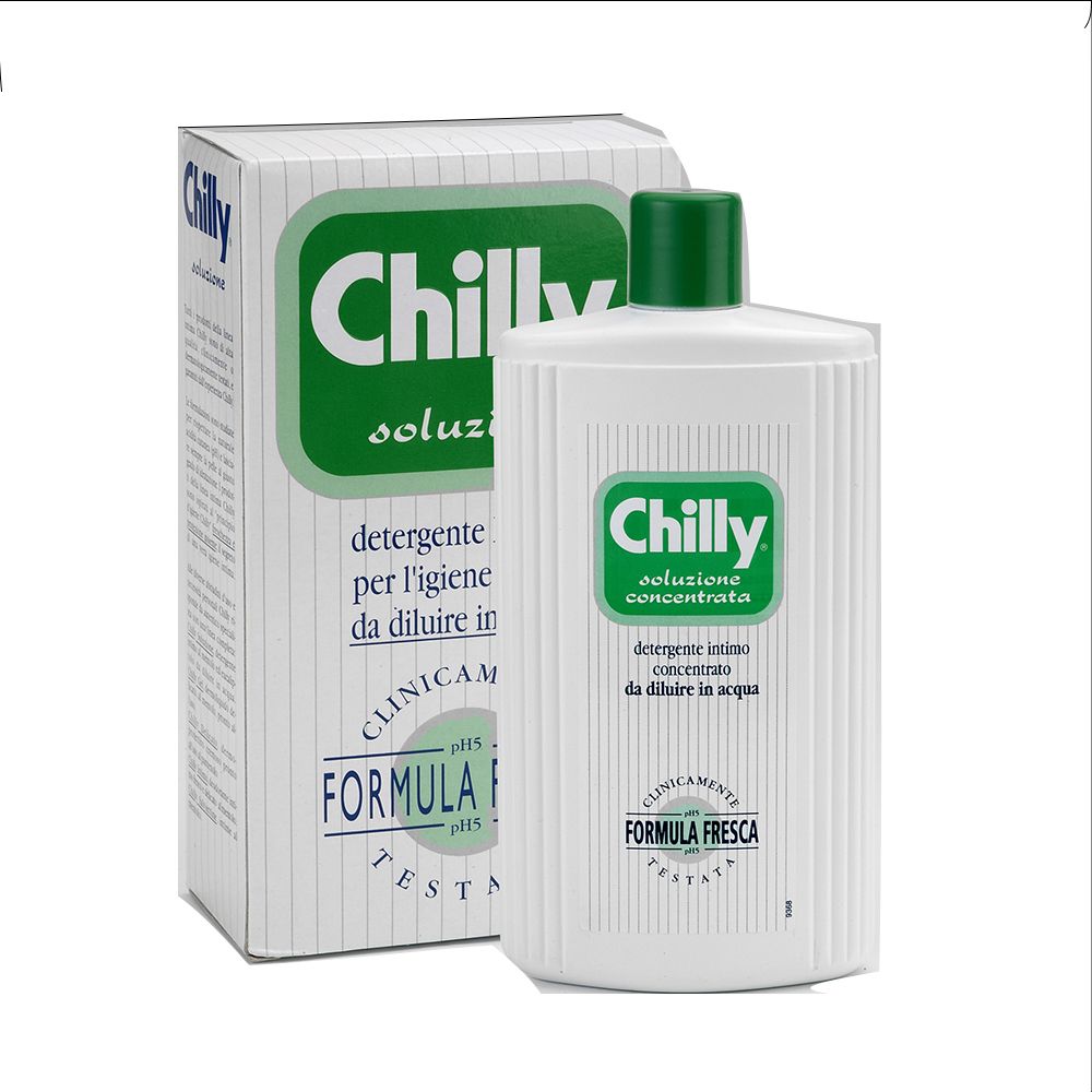 Flacone bianco, tappo verde, scatola. Scritta: Chilly, soluzione concentrata. Per l'igiene intima.