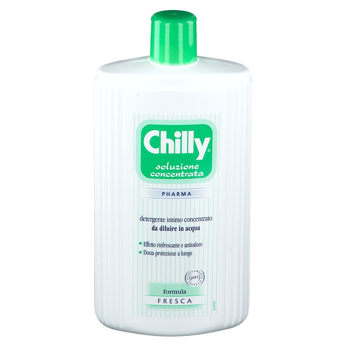 Flacone bianco, tappo verde. Scritta: Chilly, soluzione concentrata. Per l'igiene intima. Pharma.
