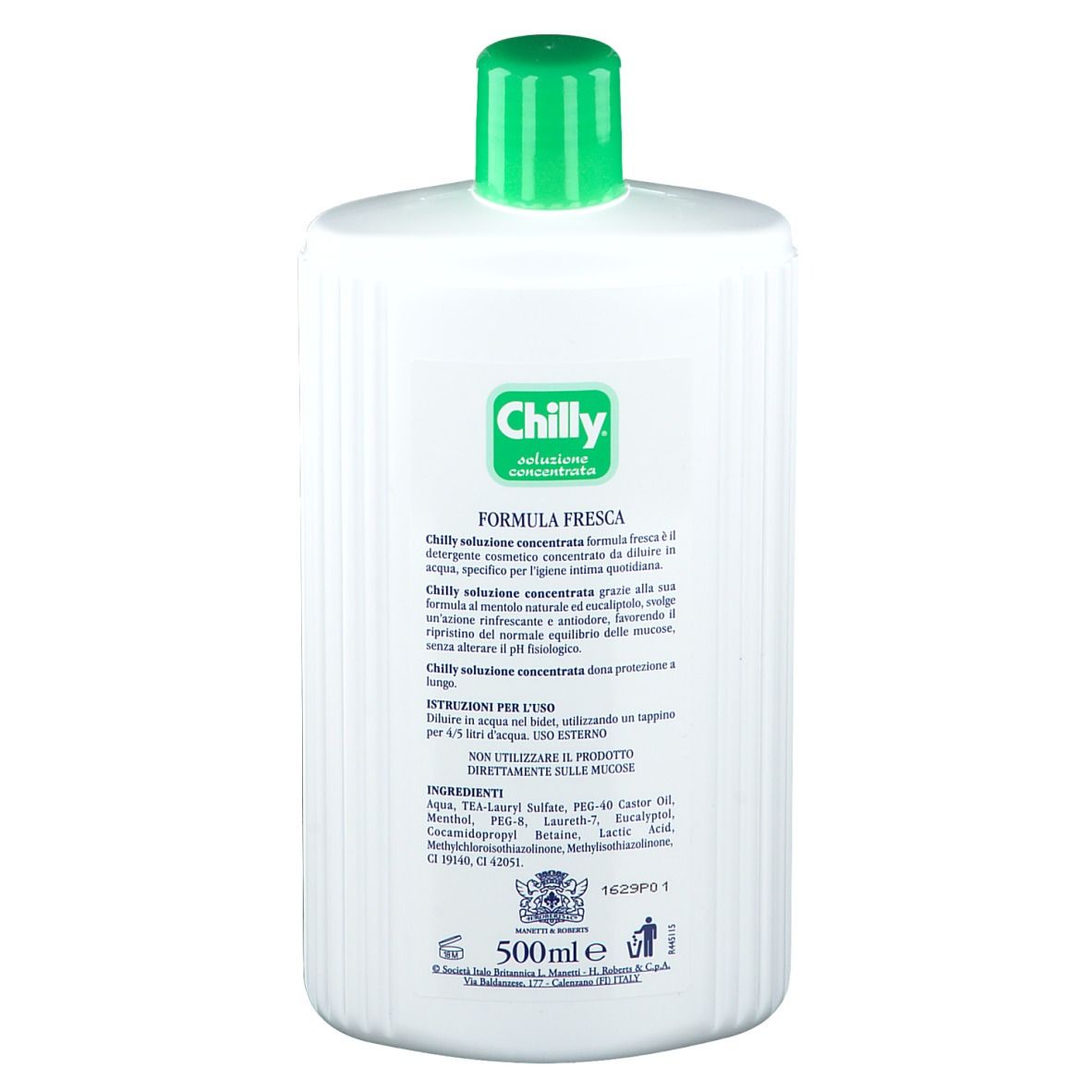 Flacone bianco, tappo verde. Scritta: Chilly, soluzione concentrata. Per l'igiene intima. Pharma.