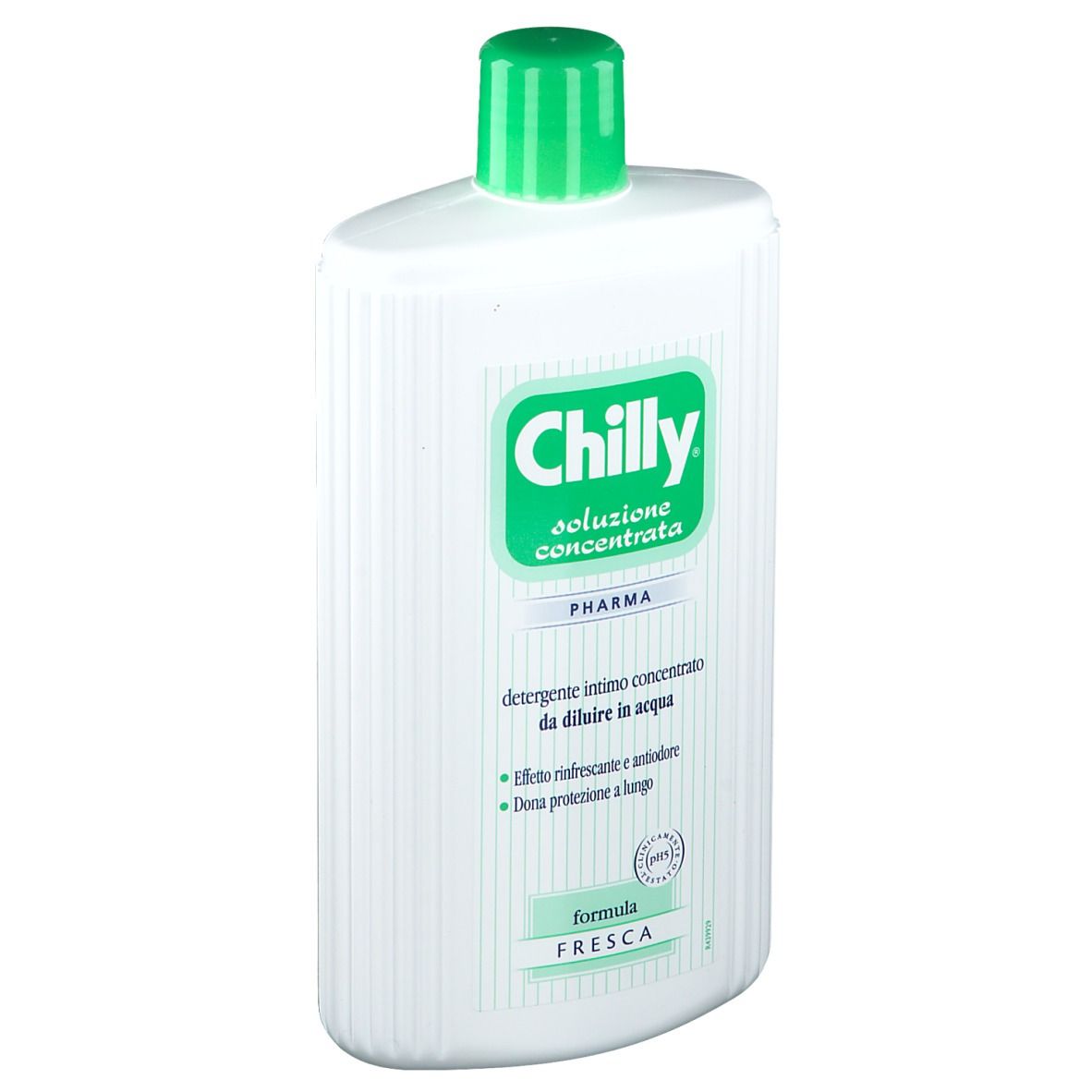 Flacone bianco, tappo verde. Scritta: Chilly, soluzione concentrata. Per l'igiene intima. Pharma.