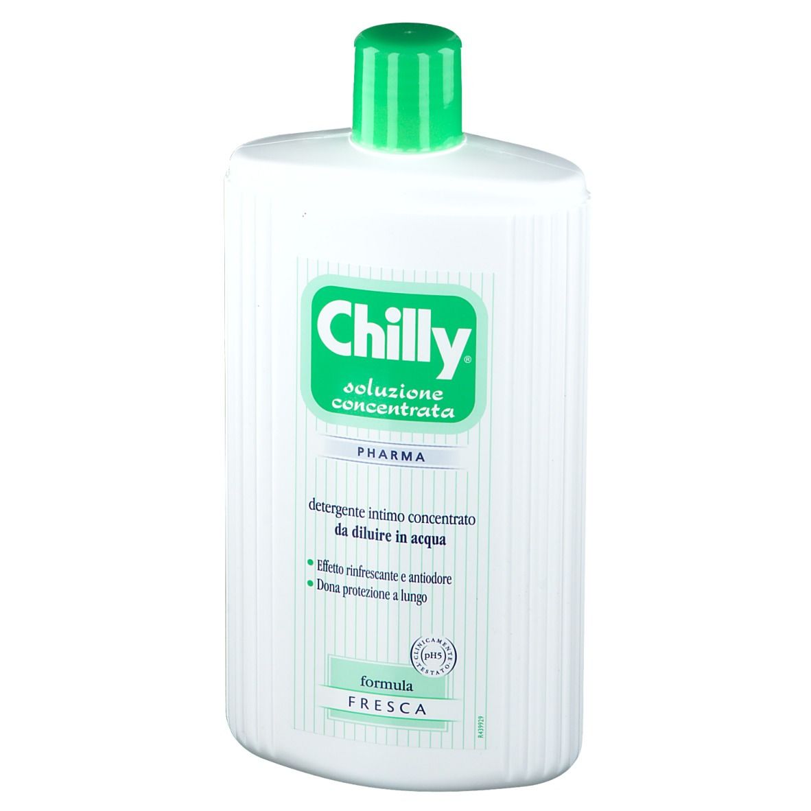 Flacone bianco, tappo verde. Scritta: Chilly, soluzione concentrata. Per l'igiene intima. Pharma.