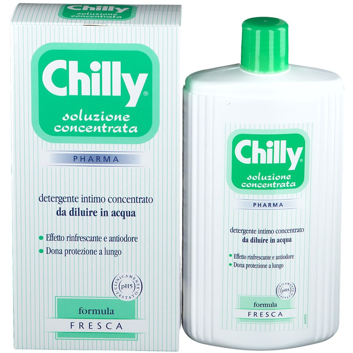 Flacone bianco, tappo verde, e scatola. Scritta: Chilly, soluzione concentrata. Per l'igiene intima. Pharma.