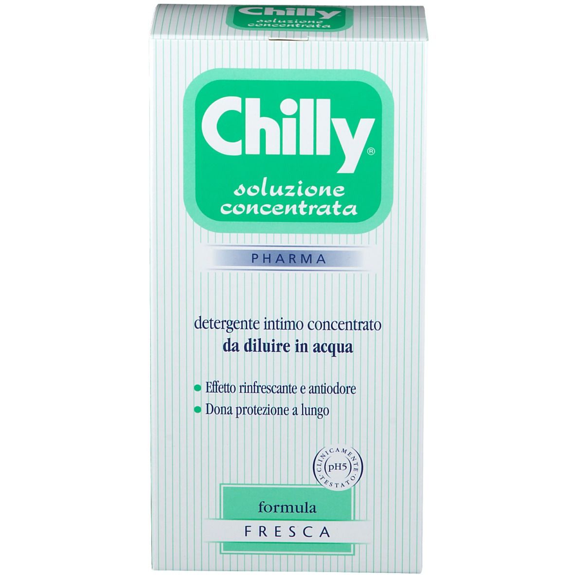Scatola con scritta: Chilly, soluzione concentrata. Per l'igiene intima. Pharma. Strisce verdi e bianche.