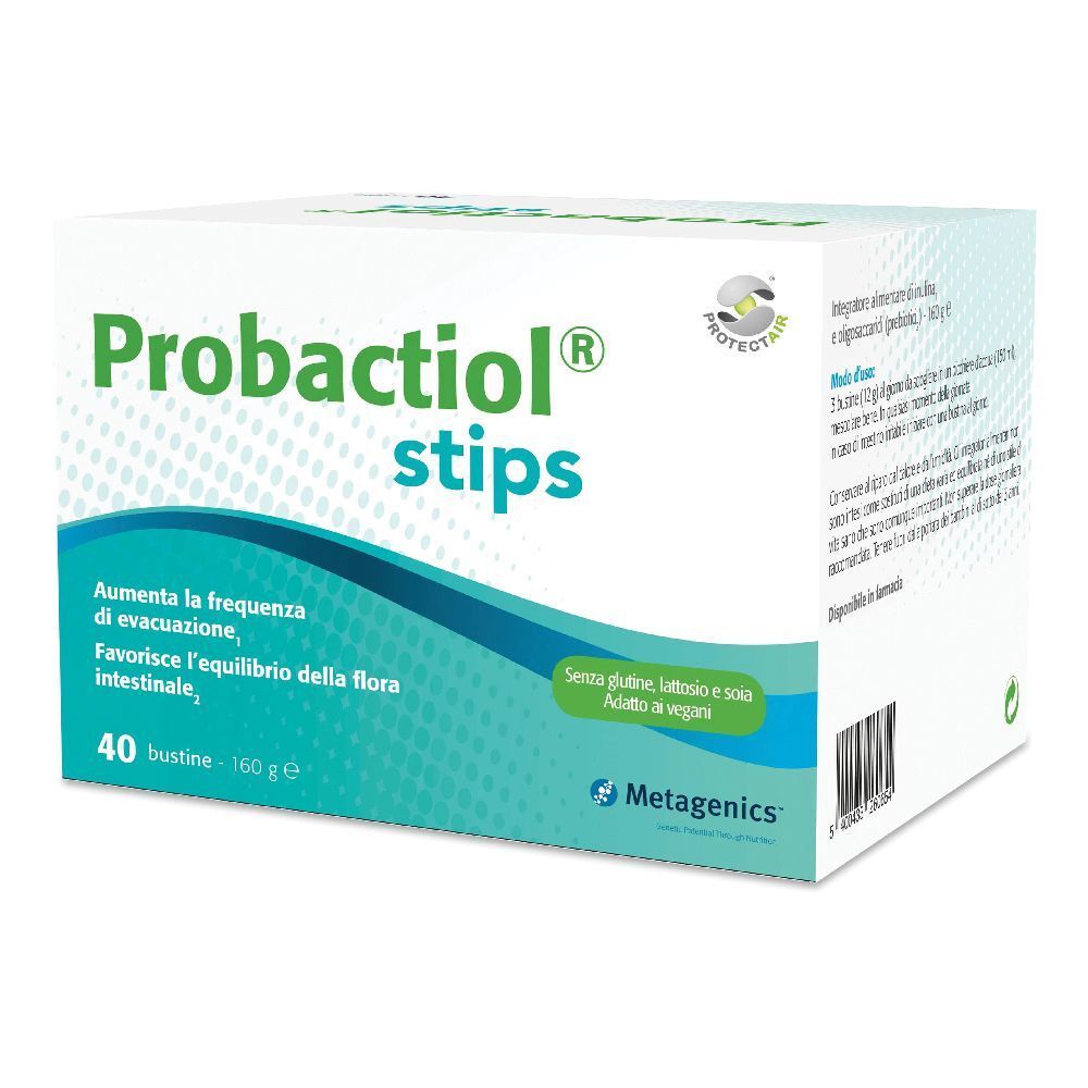 Confezione di Probactiol stips. Contiene 40 bustine. Marchio Metagenics. Testo: 'Aumenta la frequenza di evacuazione'.