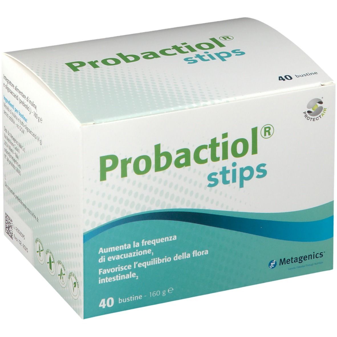 Scatola di Probactiol stips con 40 bustine. Marchio Metagenics. Testo: 'Aumenta la frequenza di evacuazione'.