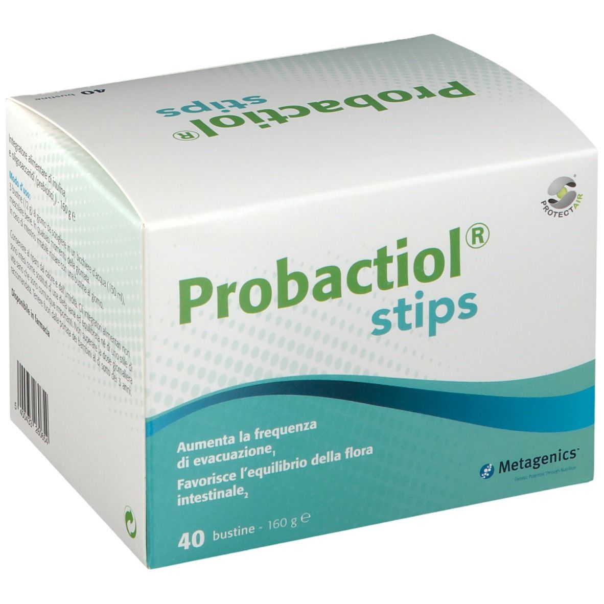 Scatola di Probactiol stips con 40 bustine. Marchio Metagenics. Testo: 'Aumenta la frequenza di evacuazione'.