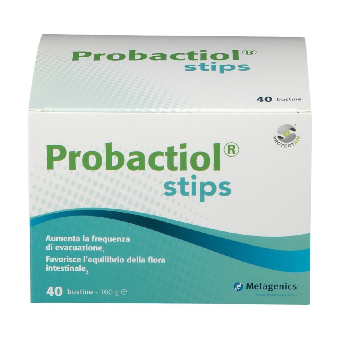 Scatola di Probactiol stips con 40 bustine. Marchio Metagenics. Testo: 'Aumenta la frequenza di evacuazione'.