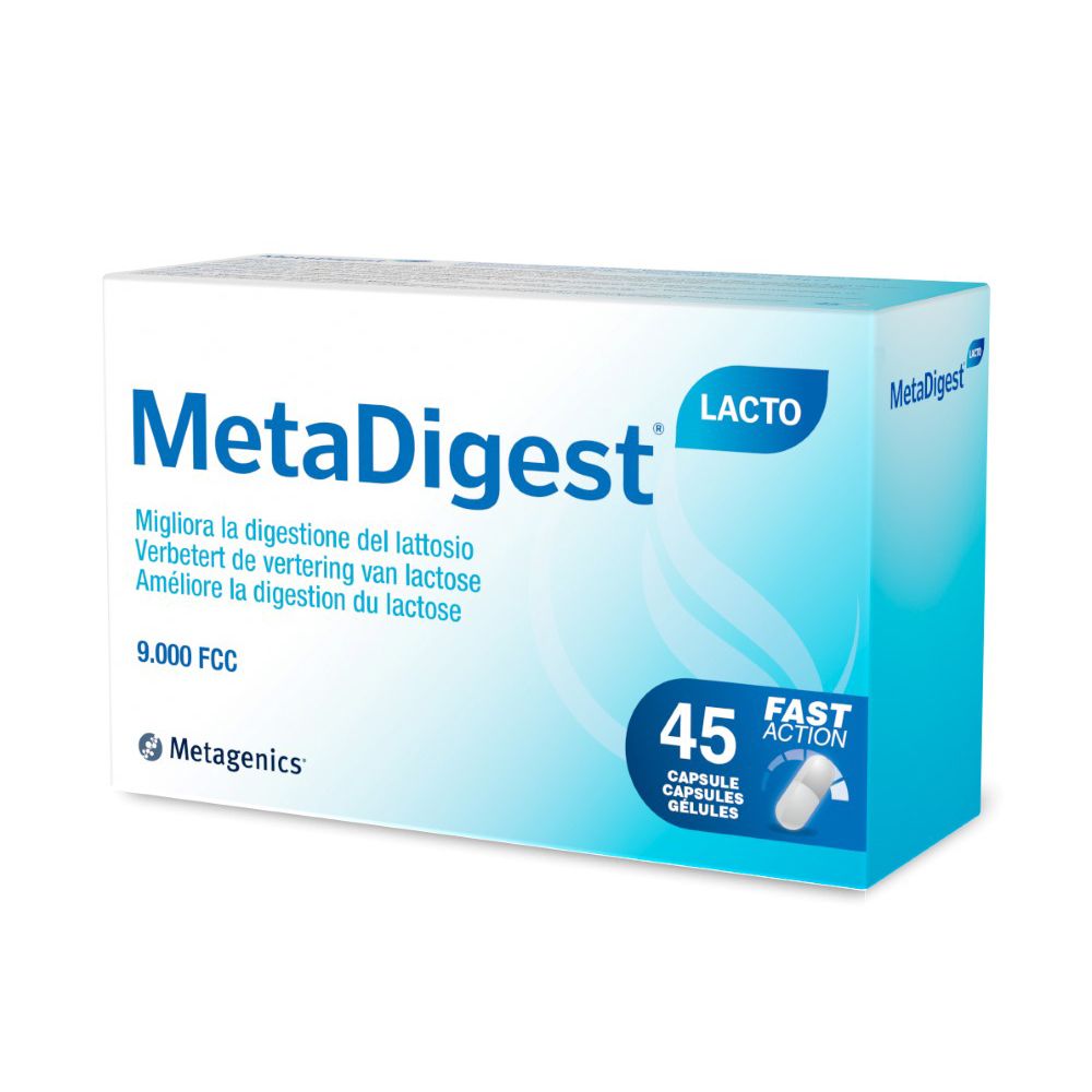 Scatola MetaDigest Lacto. Confezione blu e bianca con nome del prodotto e 45 capsule. Logo Metagenics.