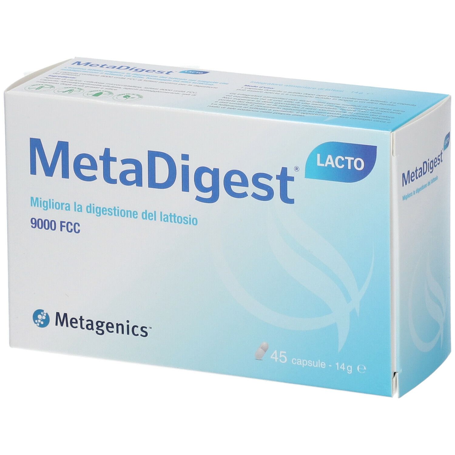 Scatola MetaDigest Lacto. Confezione blu e bianca. Contiene 45 capsule. Logo Metagenics. Testo: 'Migliora la digestione del lattosio'.