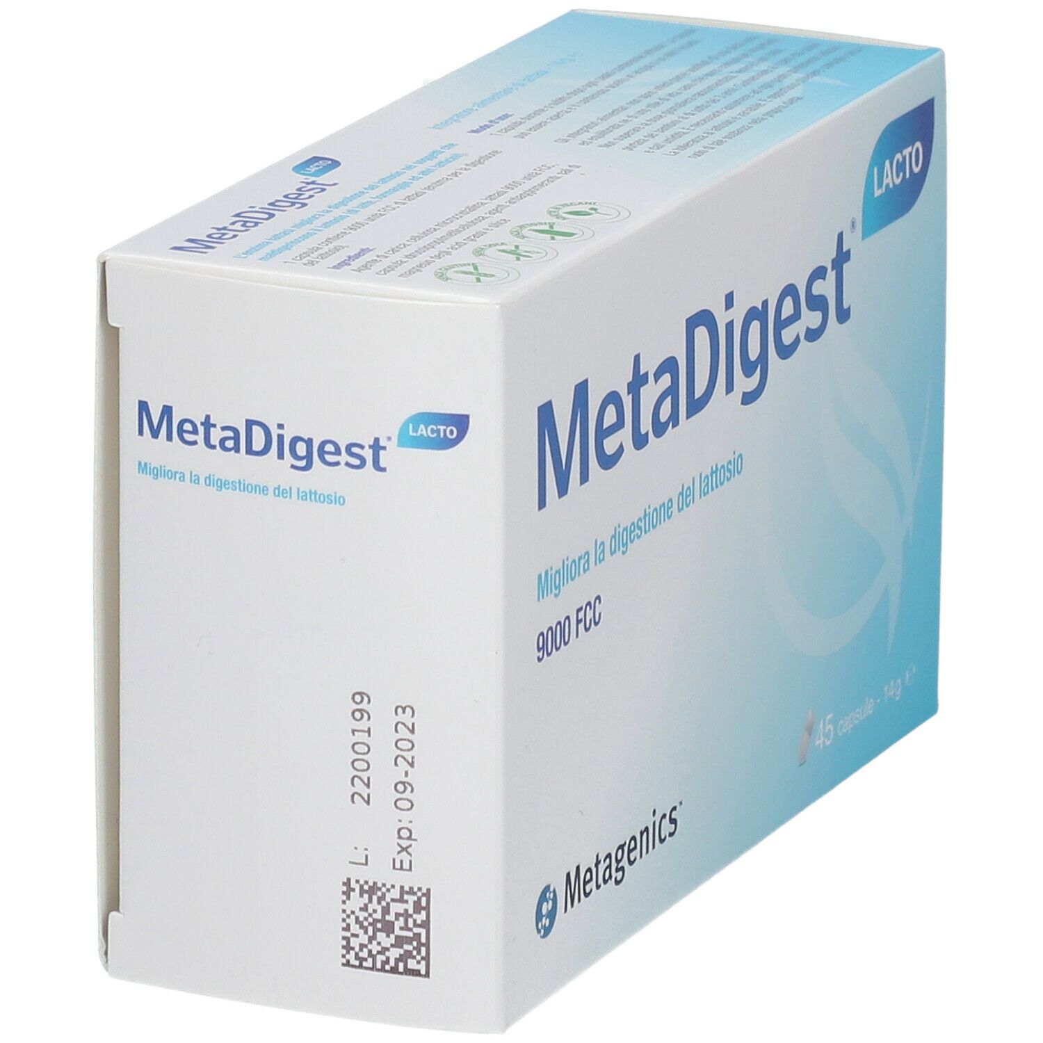 Scatola MetaDigest Lacto, angolata. Confezione blu e bianca. 45 capsule. Logo Metagenics. Data di scadenza e numero di lotto.