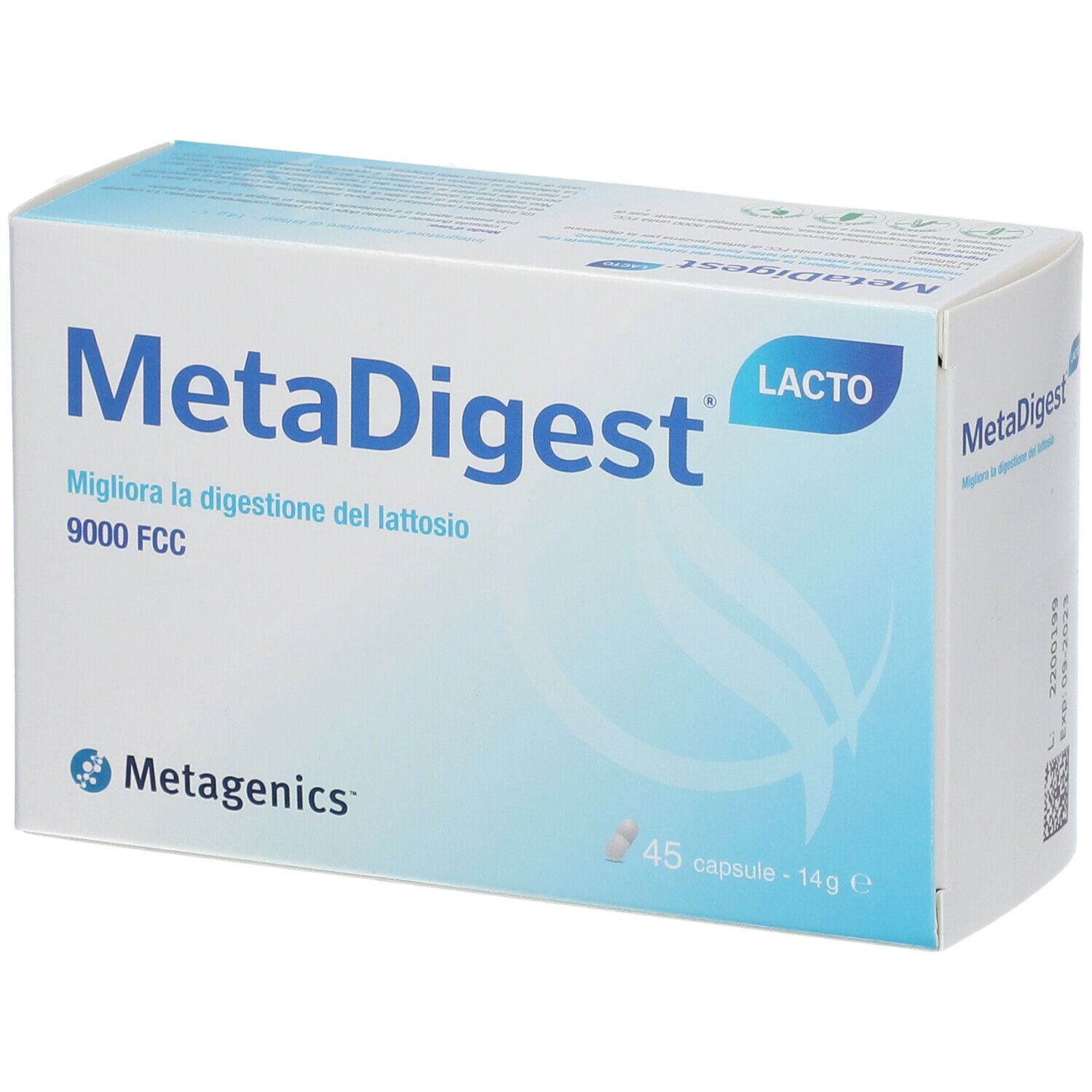 Scatola MetaDigest Lacto. Confezione blu e bianca. 45 capsule. Logo Metagenics. Testo: 'Migliora la digestione del lattosio'.