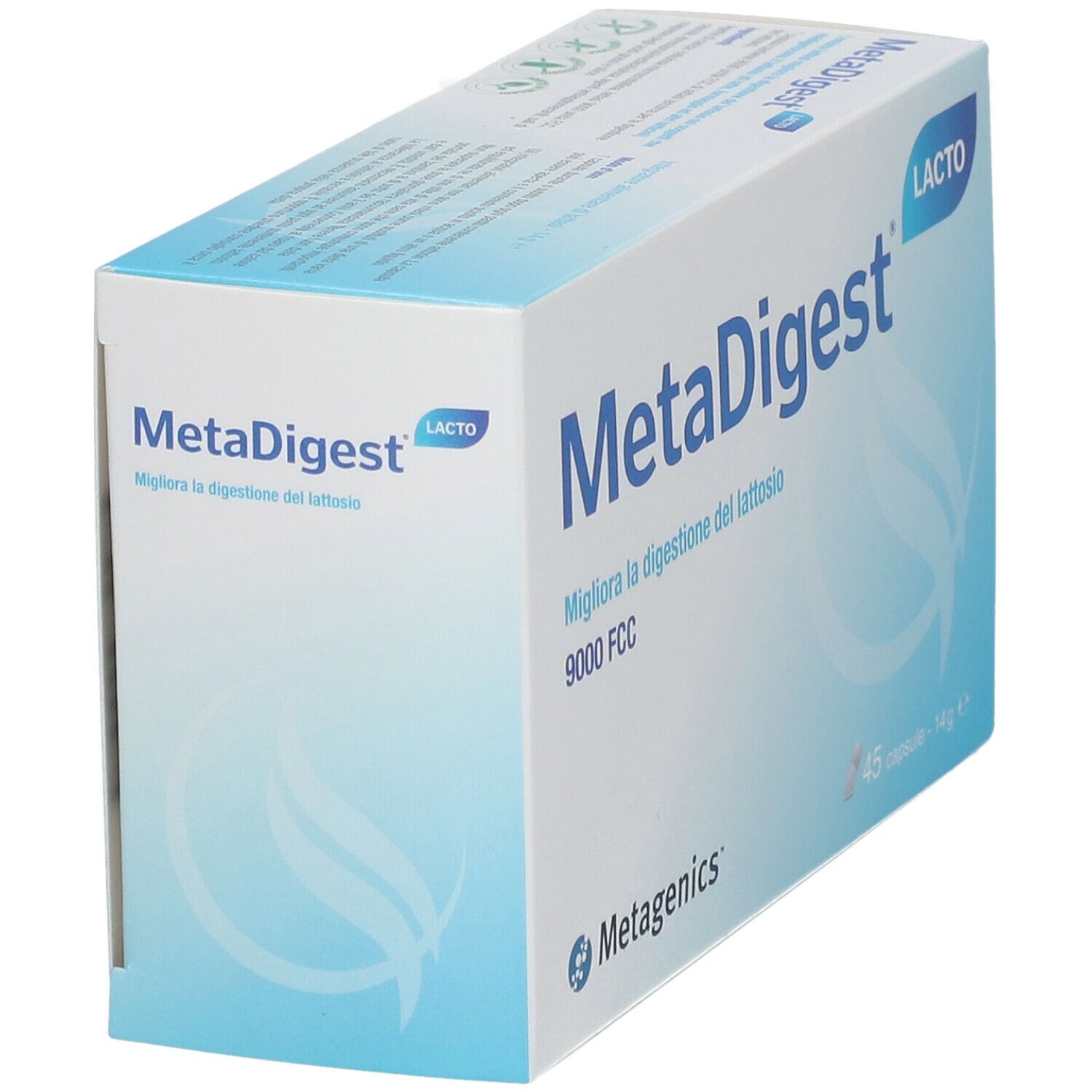 Scatola MetaDigest Lacto, angolata. Confezione blu e bianca. 45 capsule. Logo Metagenics. Testo: 'Migliora la digestione del lattosio'.
