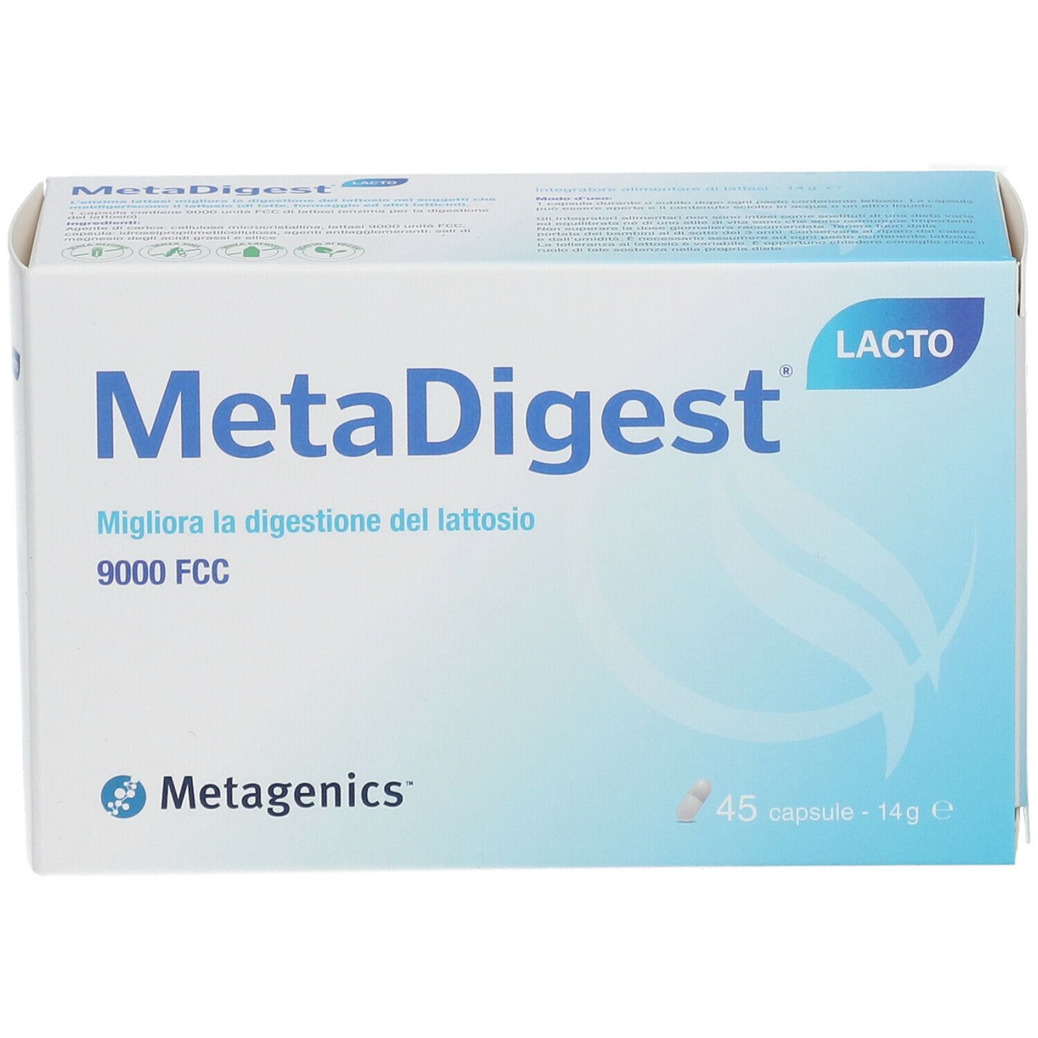 Scatola MetaDigest Lacto. Confezione blu e bianca. 45 capsule. Logo Metagenics. Testo: 'Migliora la digestione del lattosio'.