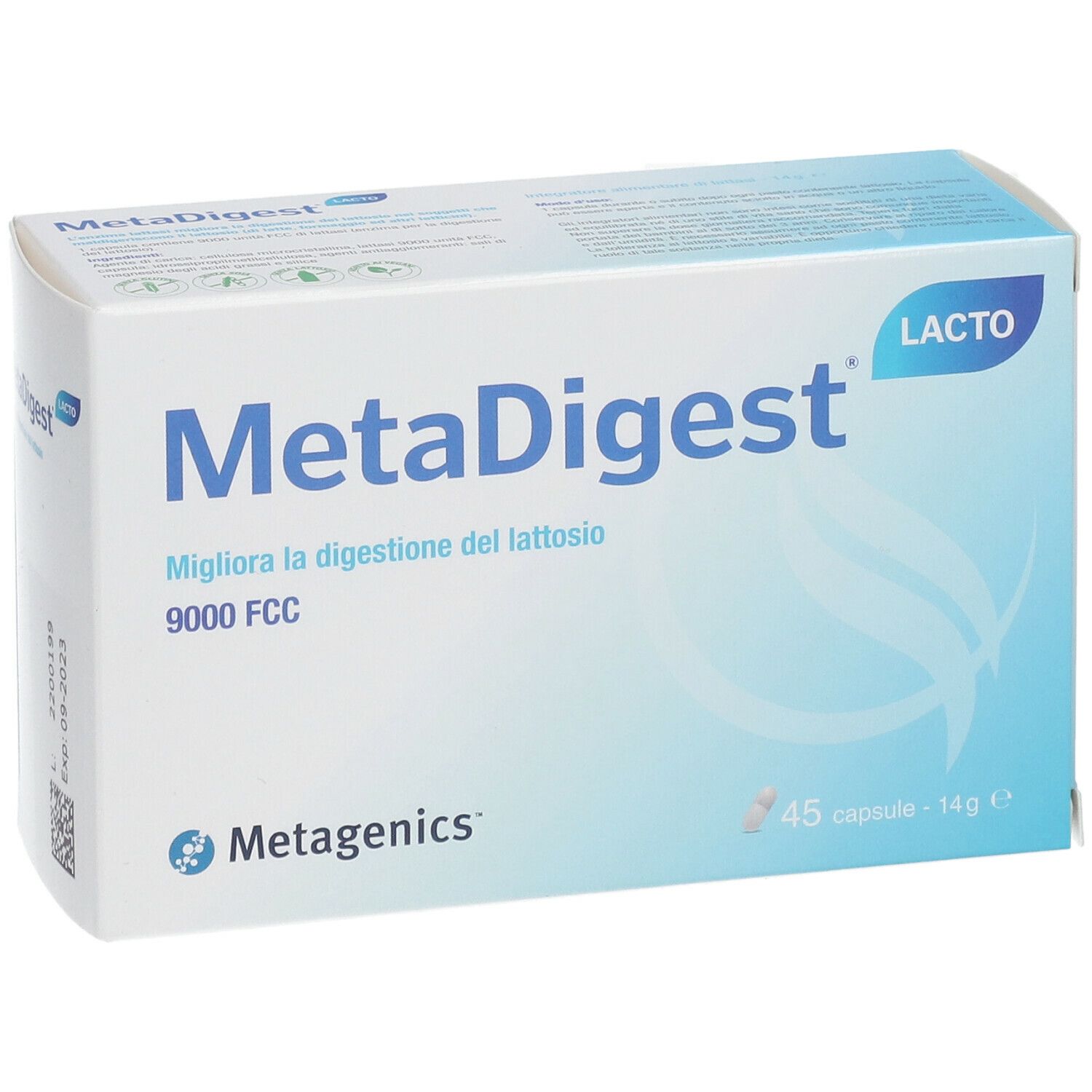 Scatola MetaDigest Lacto. Confezione blu e bianca. 45 capsule. Logo Metagenics. Testo: 'Migliora la digestione del lattosio'.