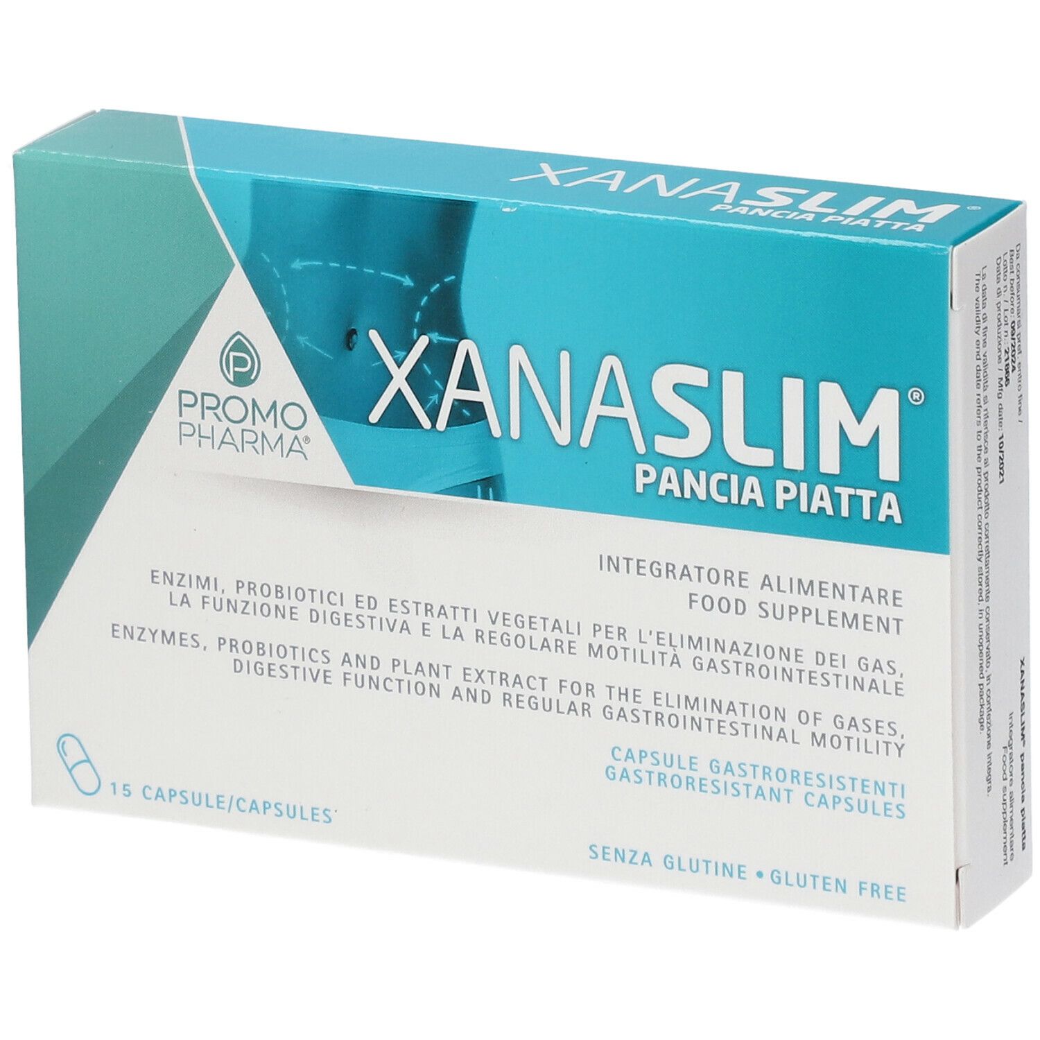 PromoPharma Xanaslim Pancia Piatta. Scatola con 15 capsule. Testo: Integratore Alimentare, Senza glutine.