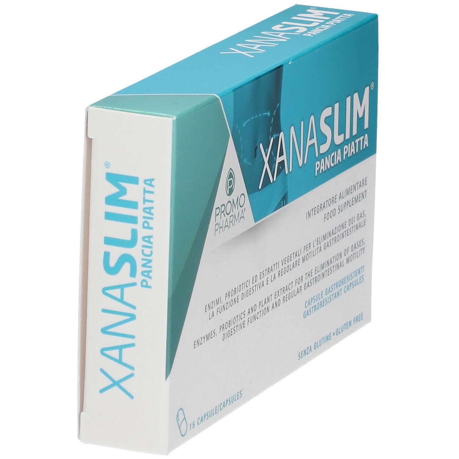 PromoPharma Xanaslim Pancia Piatta. Scatola in diagonale. Testo: Integratore Alimentare, Senza glutine. 15 capsule.