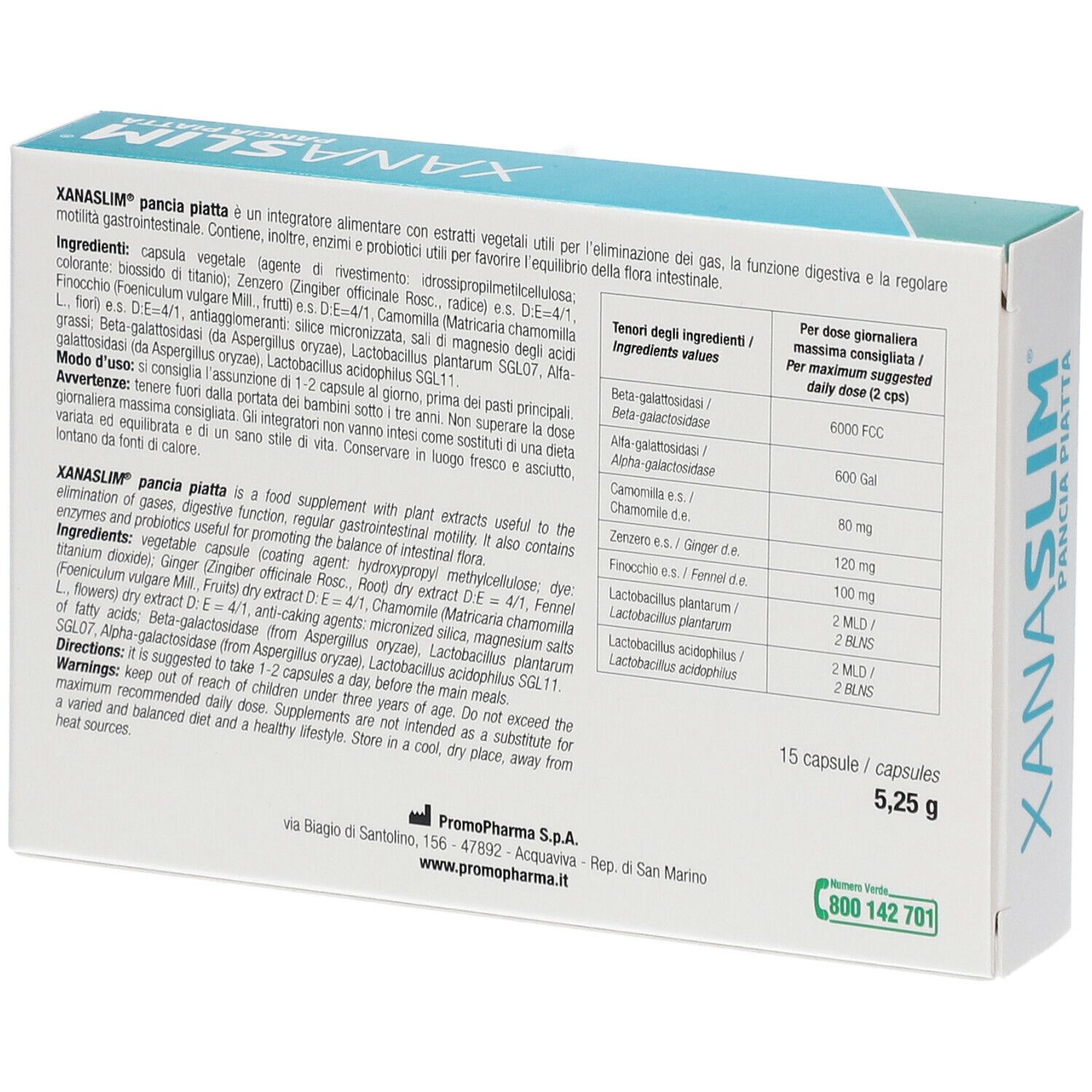 PromoPharma Xanaslim Pancia Piatta. Retro della scatola. Testo: Ingredienti, dosaggio, avvertenze.