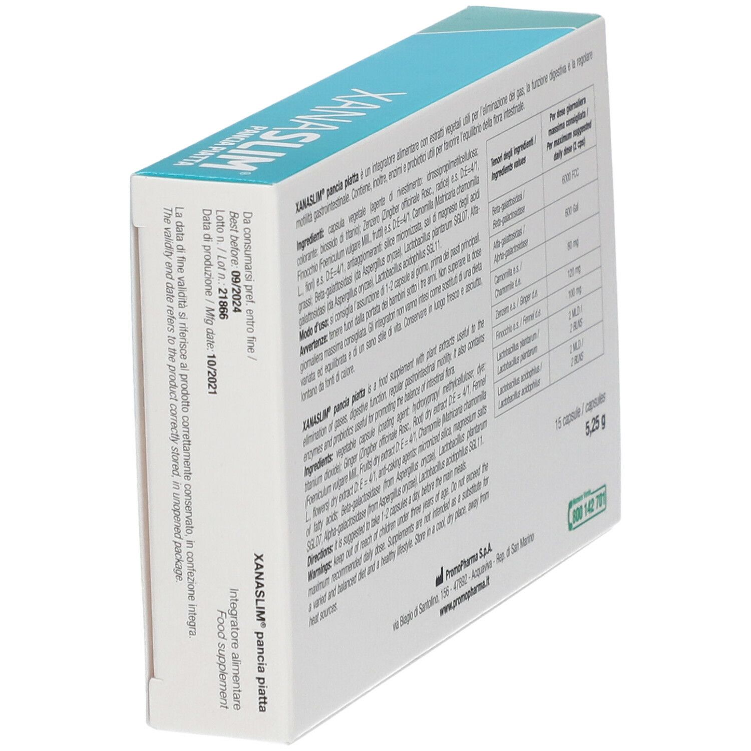 PromoPharma Xanaslim Pancia Piatta. Scatola in diagonale. Testo: Ingredienti, dosaggio, avvertenze.