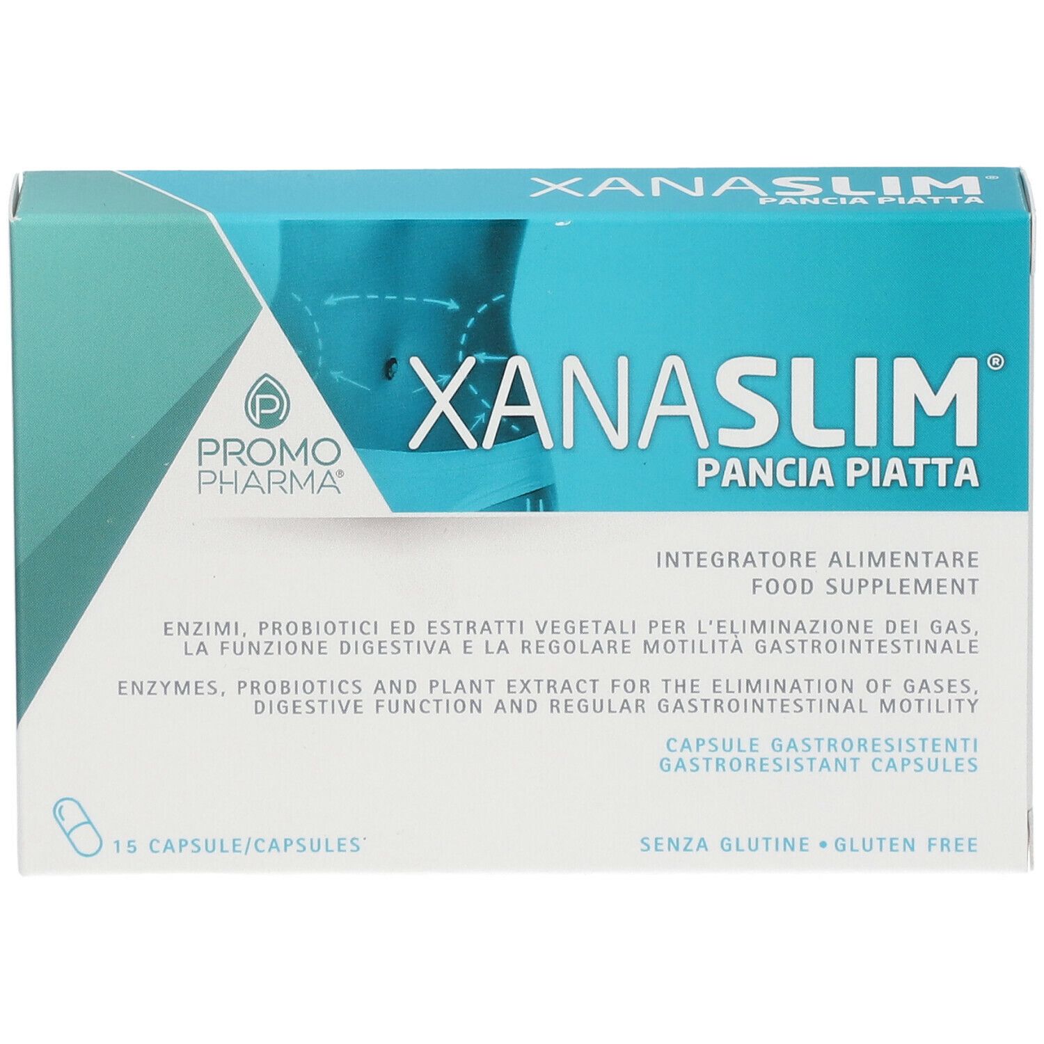 PromoPharma Xanaslim Pancia Piatta. Scatola con 15 capsule. Illustrazione di un contorno addominale.