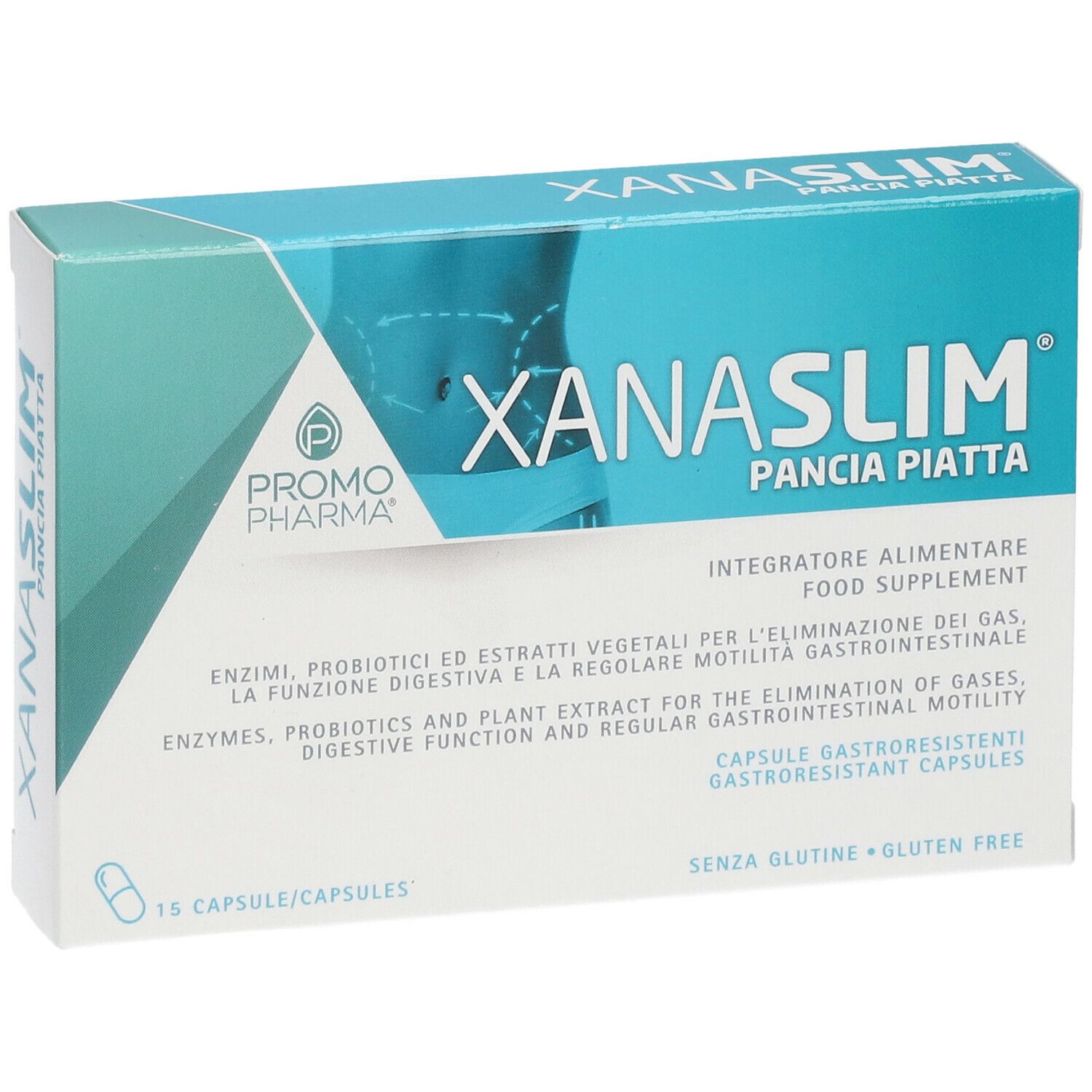 PromoPharma Xanaslim Pancia Piatta. Scatola con 15 capsule. Illustrazione di un contorno addominale.
