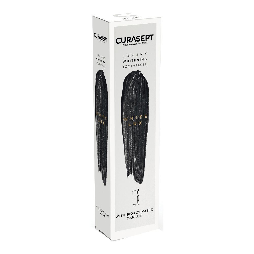 Scatola dentifricio Curasept Luxury Whitening. Impronta dentifricio nero con 'White Lux'. Con carbone bioattivo.