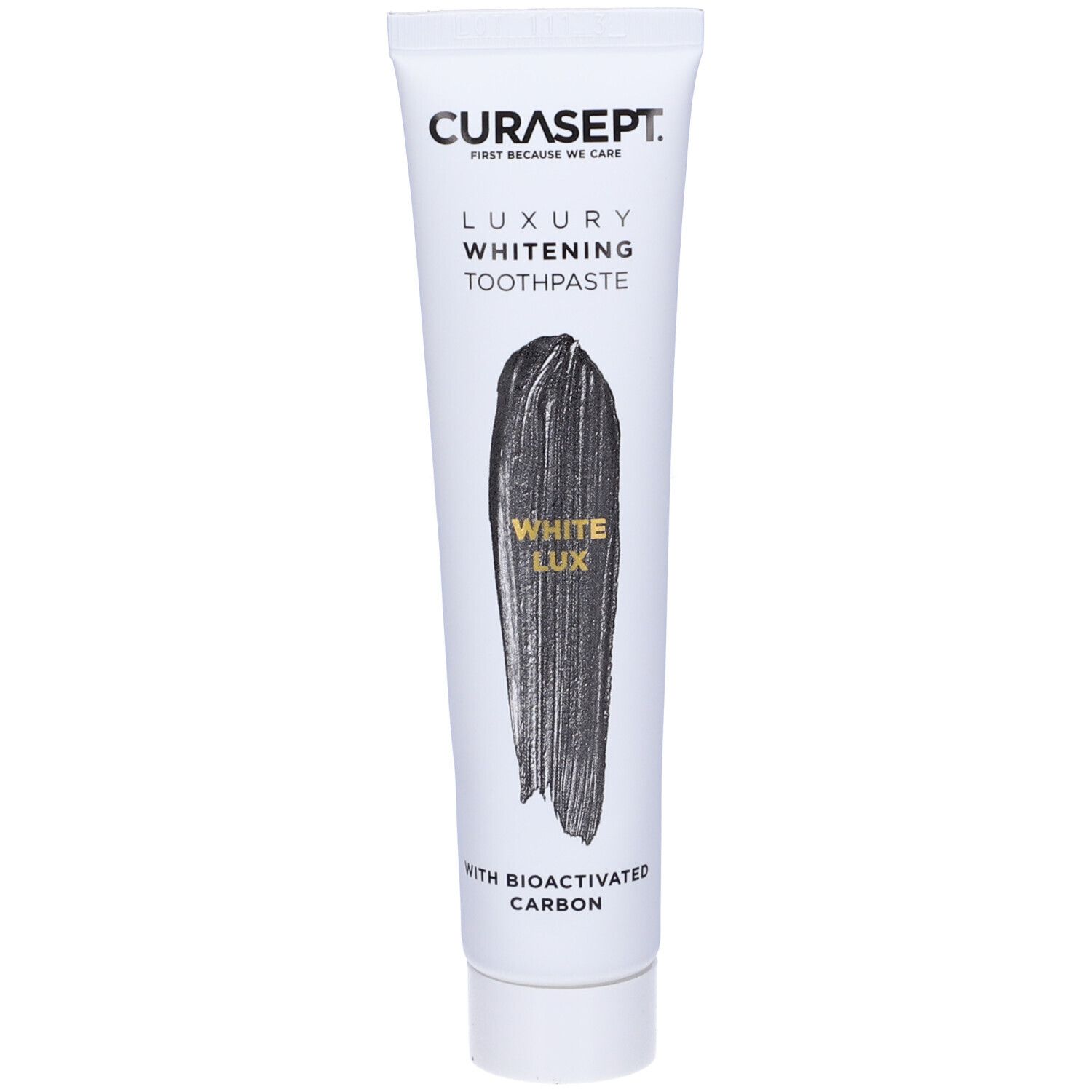 Tubo dentifricio Curasept Luxury Whitening. Impronta dentifricio nero con 'White Lux'. Con carbone bioattivo.