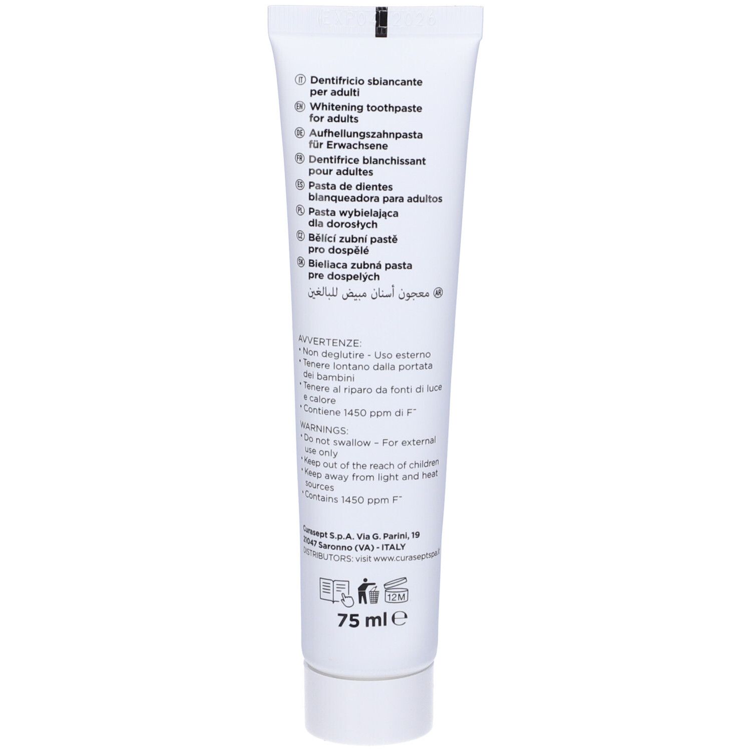 Retro del tubetto di dentifricio. Testo multilingue, 75 ml, avvertenze. Marchio Curasept.