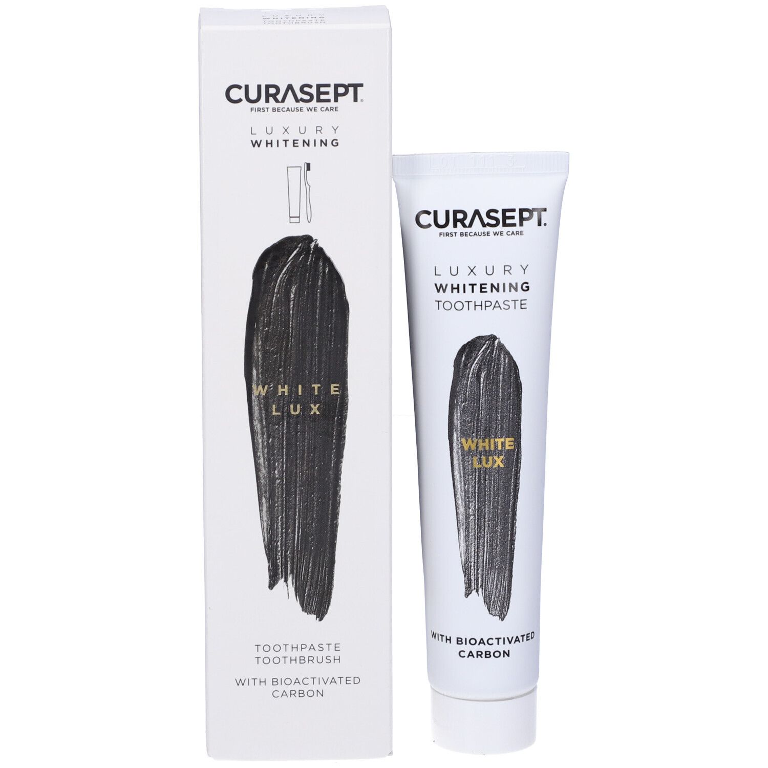 Scatola e tubetto dentifricio. Curasept Luxury Whitening. Impronta dentifricio nero. Carbone attivo.