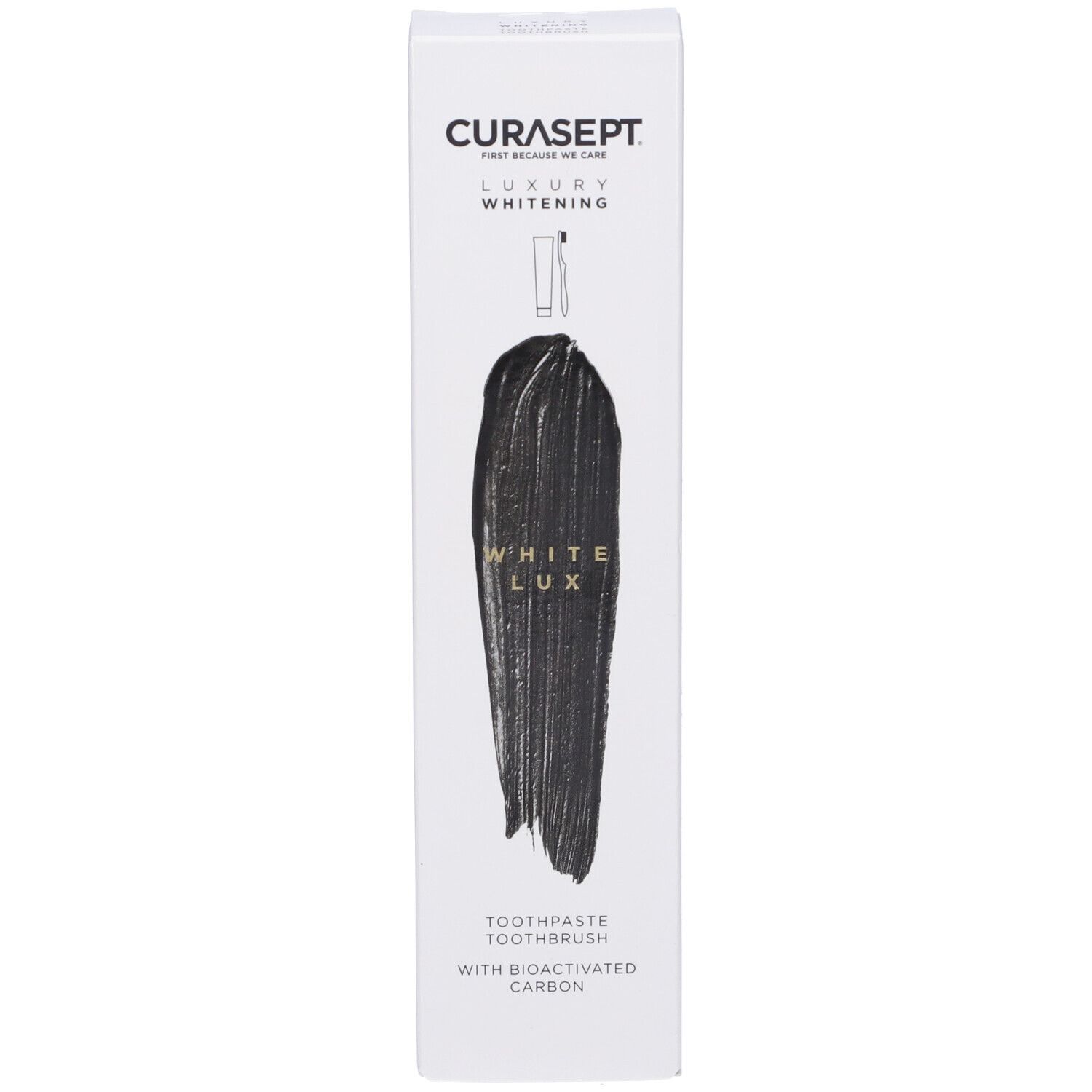 Scatola dentifricio Curasept Luxury Whitening. Impronta dentifricio nero con 'White Lux'.