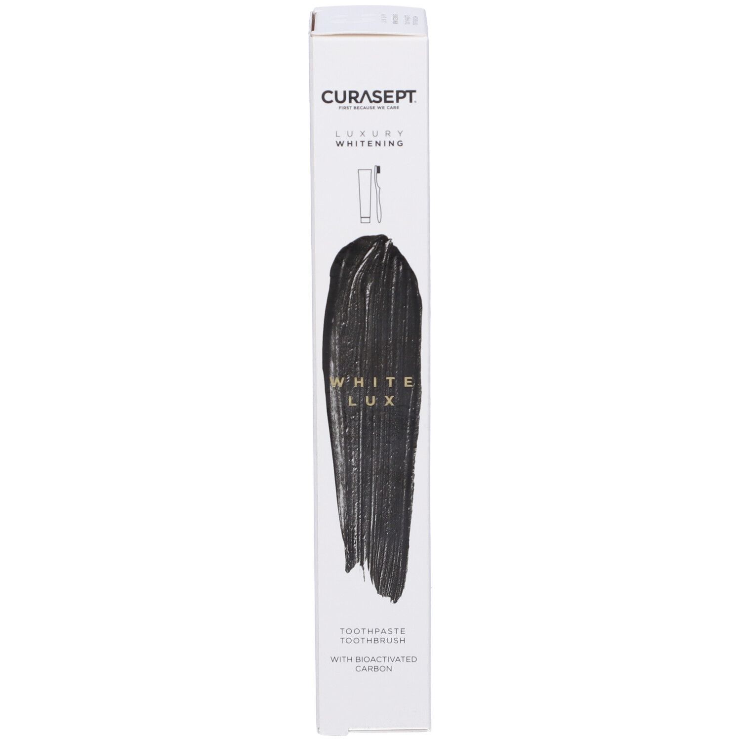 Scatola dentifricio Curasept Luxury Whitening. Impronta dentifricio nero con 'White Lux'.
