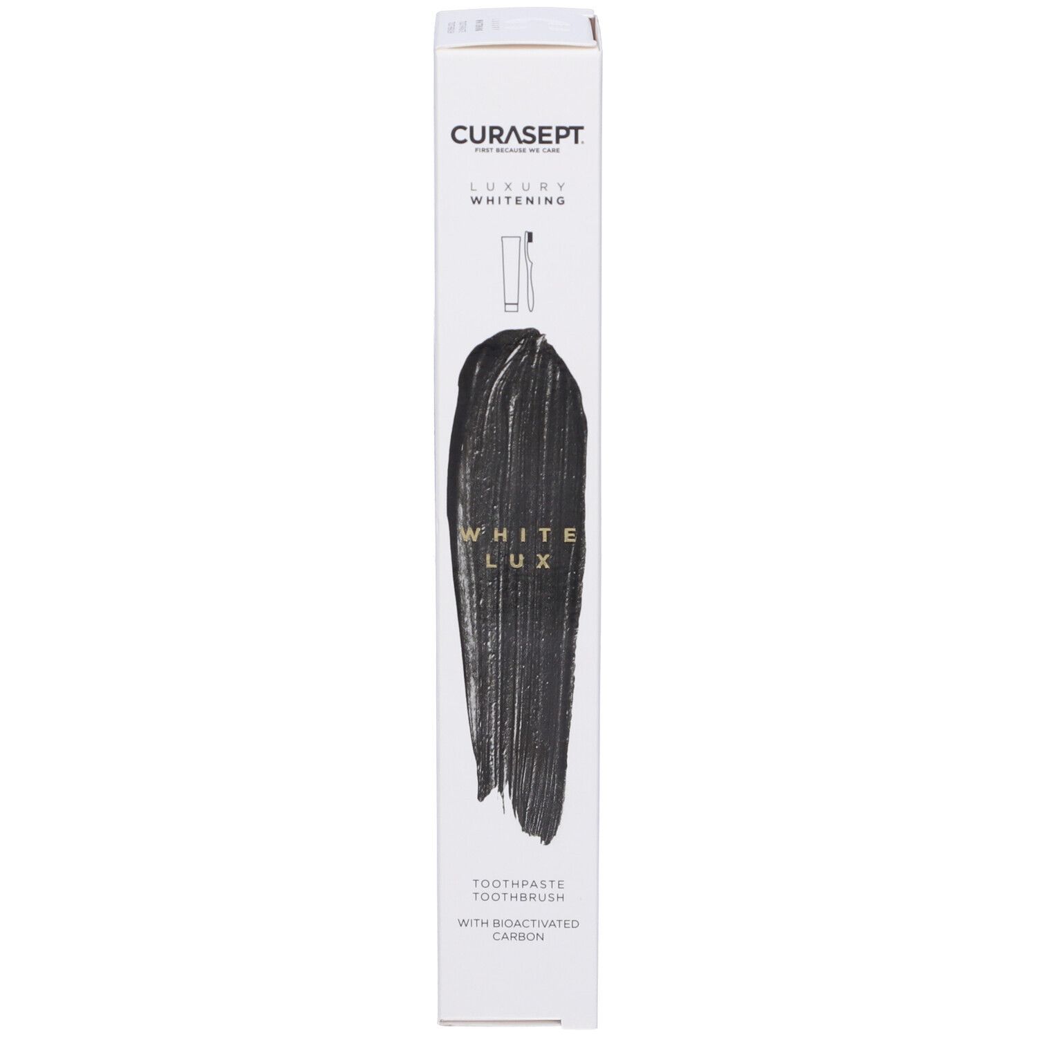 Scatola dentifricio Curasept Luxury Whitening. Impronta dentifricio nero con 'White Lux'.