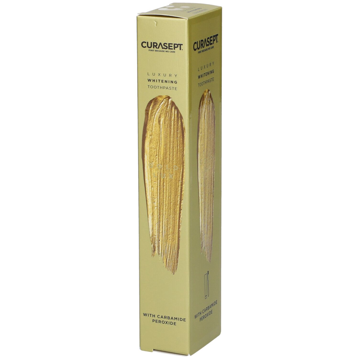 Confezione dentifricio. Scatola dorata con nome prodotto e texture dorata. Contiene perossido di carbammide.