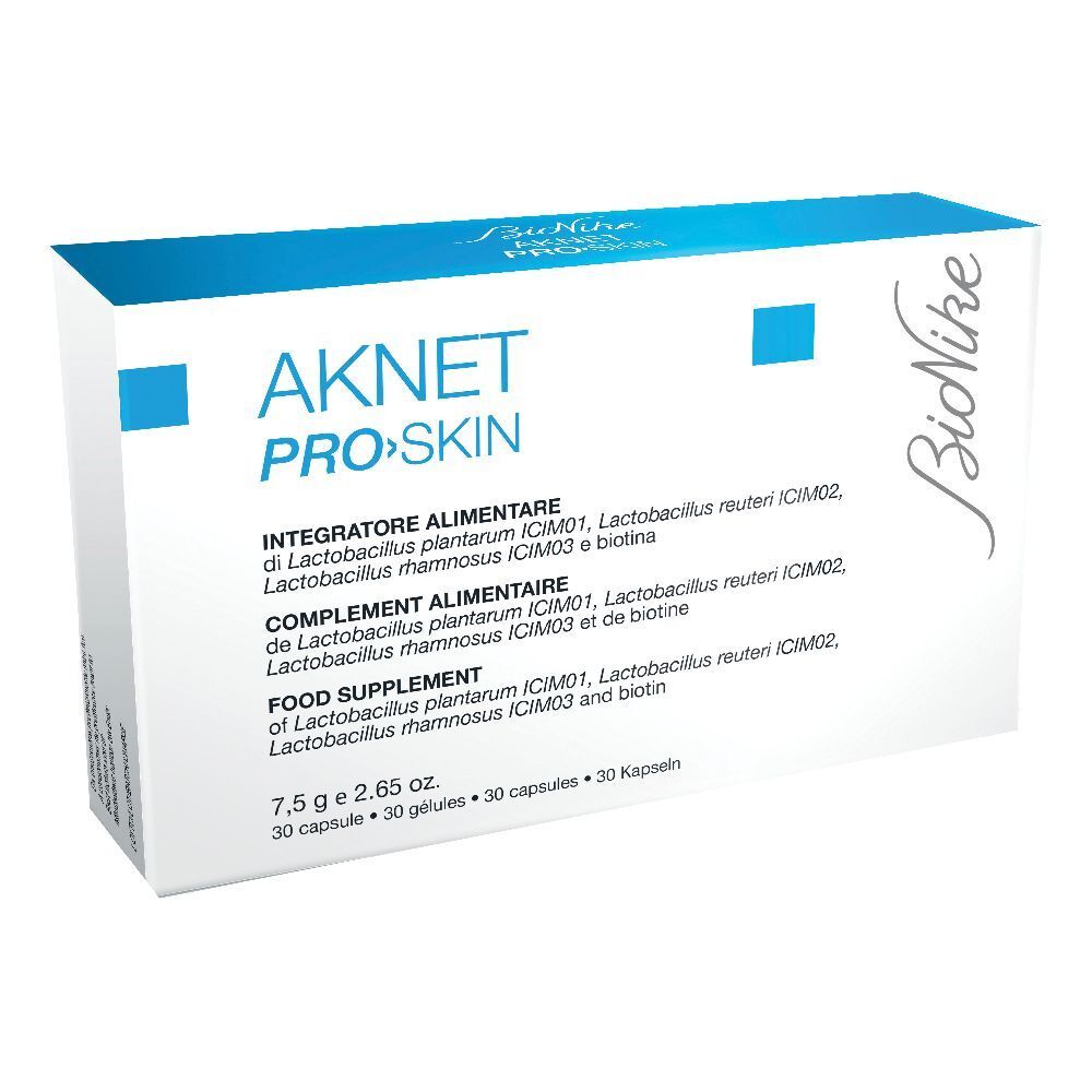 Scatola bianca e blu con scritta AKNET PRO>SKIN e logo BioNike. Contiene 30 capsule.