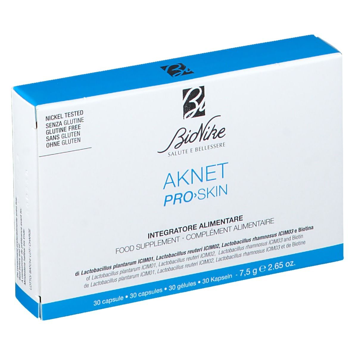Scatola bianca e blu con scritta AKNET PRO>SKIN e logo BioNike. Senza glutine.
