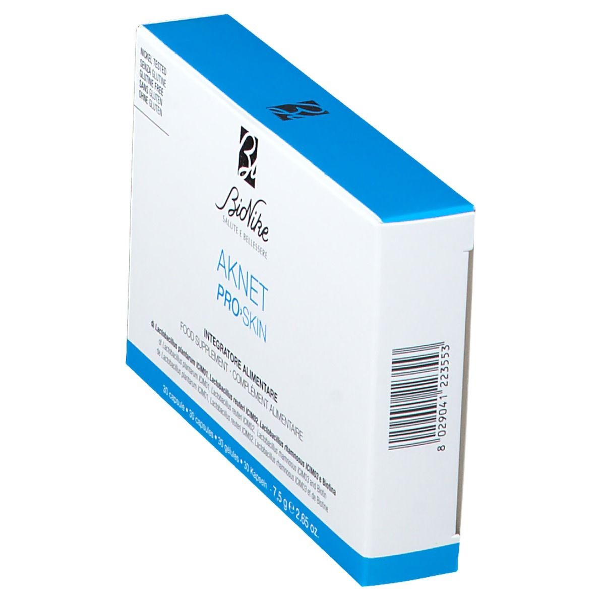 Scatola con coperchio blu. Scritta AKNET PRO>SKIN e logo BioNike. Contiene 30 capsule. Vista angolata.