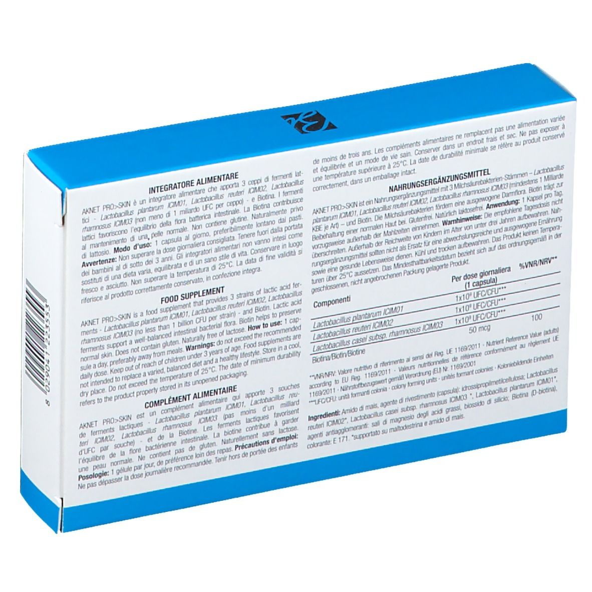Retro della scatola con informazioni. Contiene ingredienti e istruzioni. Coperchio blu.