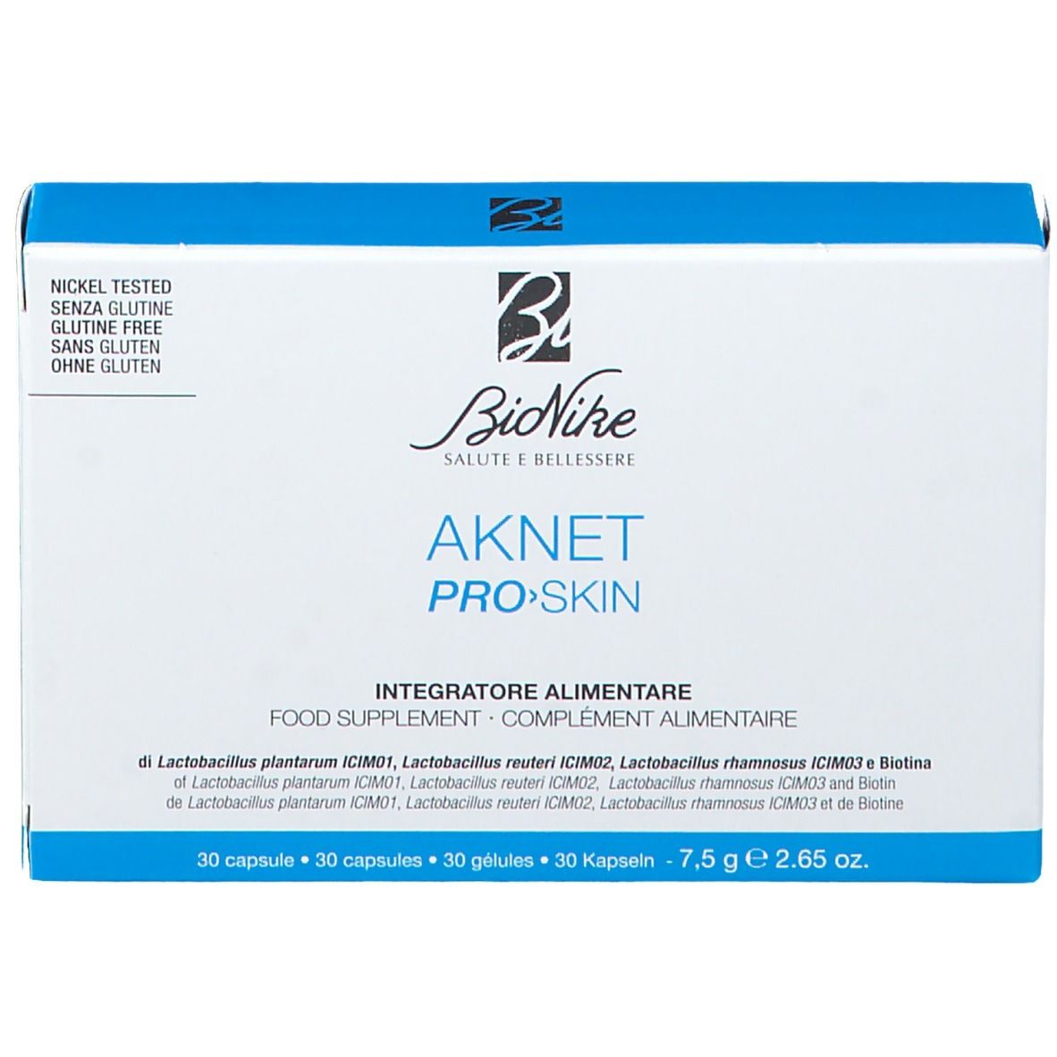 Scatola bianca e blu con scritta AKNET PRO>SKIN e logo BioNike. Senza glutine.