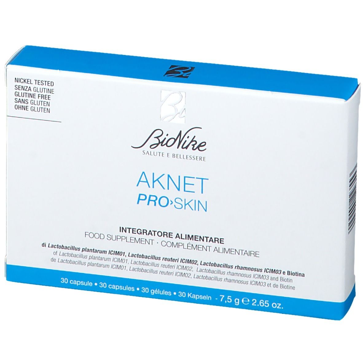 Scatola bianca e blu con scritta AKNET PRO>SKIN e logo BioNike. Senza glutine.