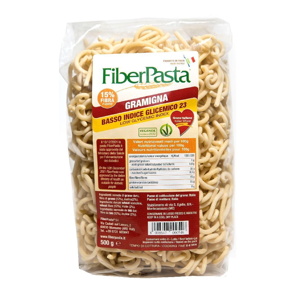 Confezione trasparente di pasta. Scritto: Fiberpasta, Gramigna Basso Indice Glicemico 23. Contiene 15% di fibre. 500g.