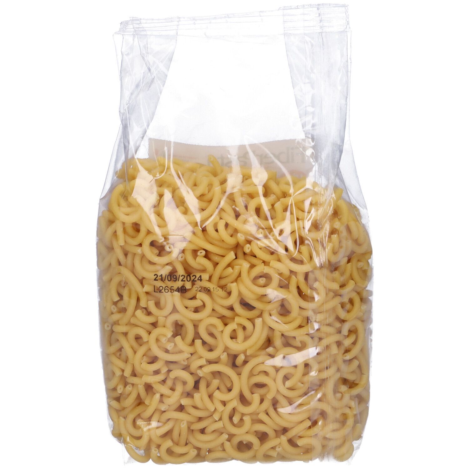 Confezione trasparente di pasta a forma di anelli. Data di scadenza visibile. Pasta a forma di anelli.