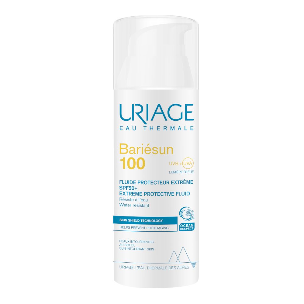 Uriage Bariésun 100 Fluido. Flacone bianco con dosatore. Scritta gialla. SPF50+, resistente all'acqua, Skin Shield Technology.