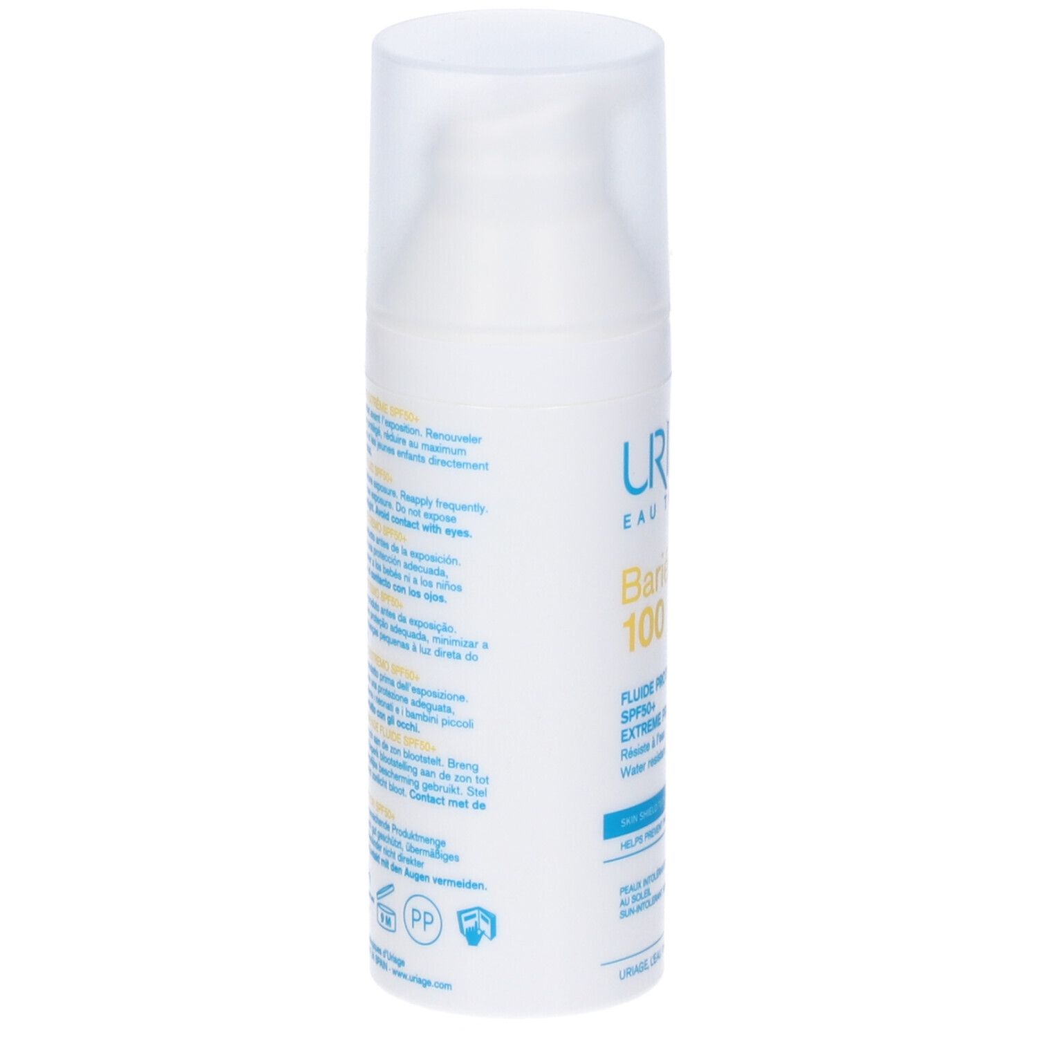 Retro del flacone Uriage Bariésun 100 Fluido. Testo multilingue. 50ml. Dermatologicamente testato.